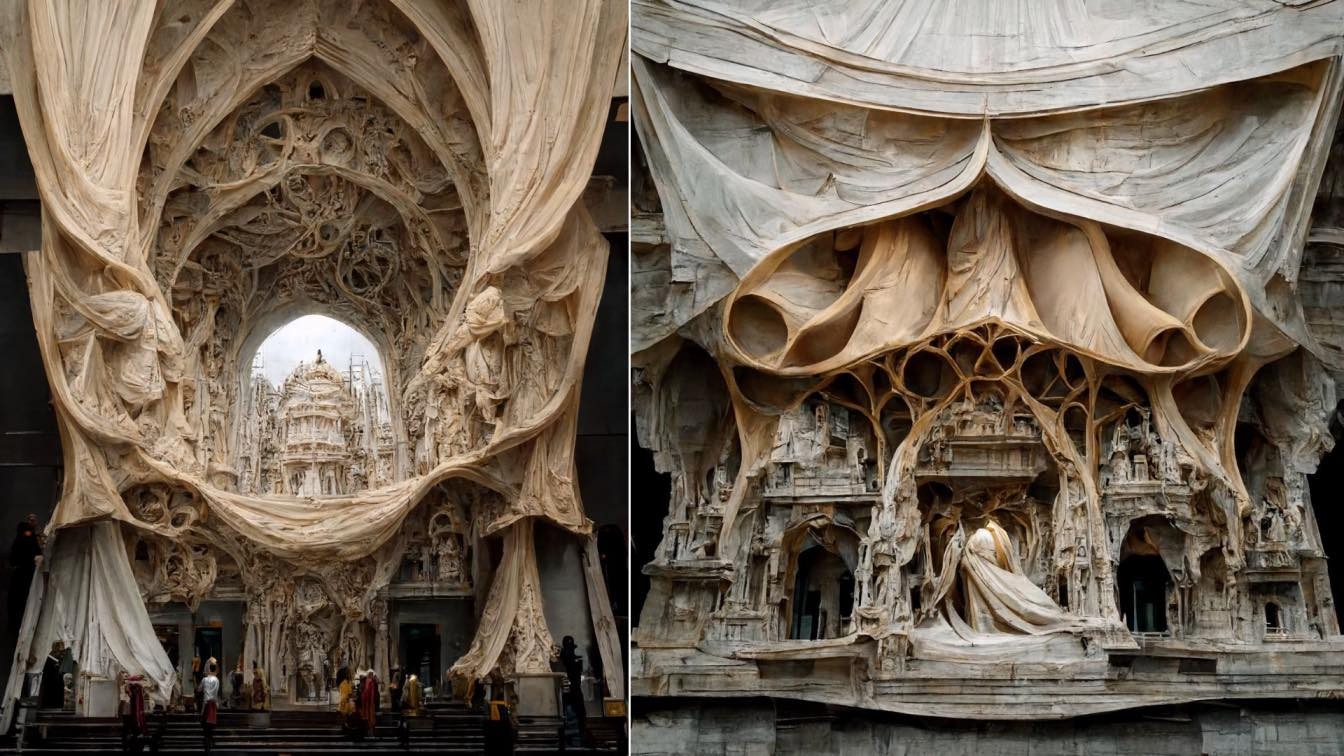 Renaissance and Baroque Facades Experiments with Tensile Structure by Mohammad Qasim Iqbal + Midjourney