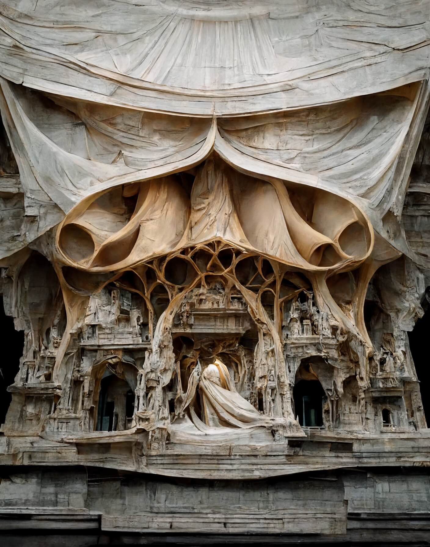 Renaissance and Baroque Facades Experiments with Tensile Structure by Mohammad Qasim Iqbal + Midjourney