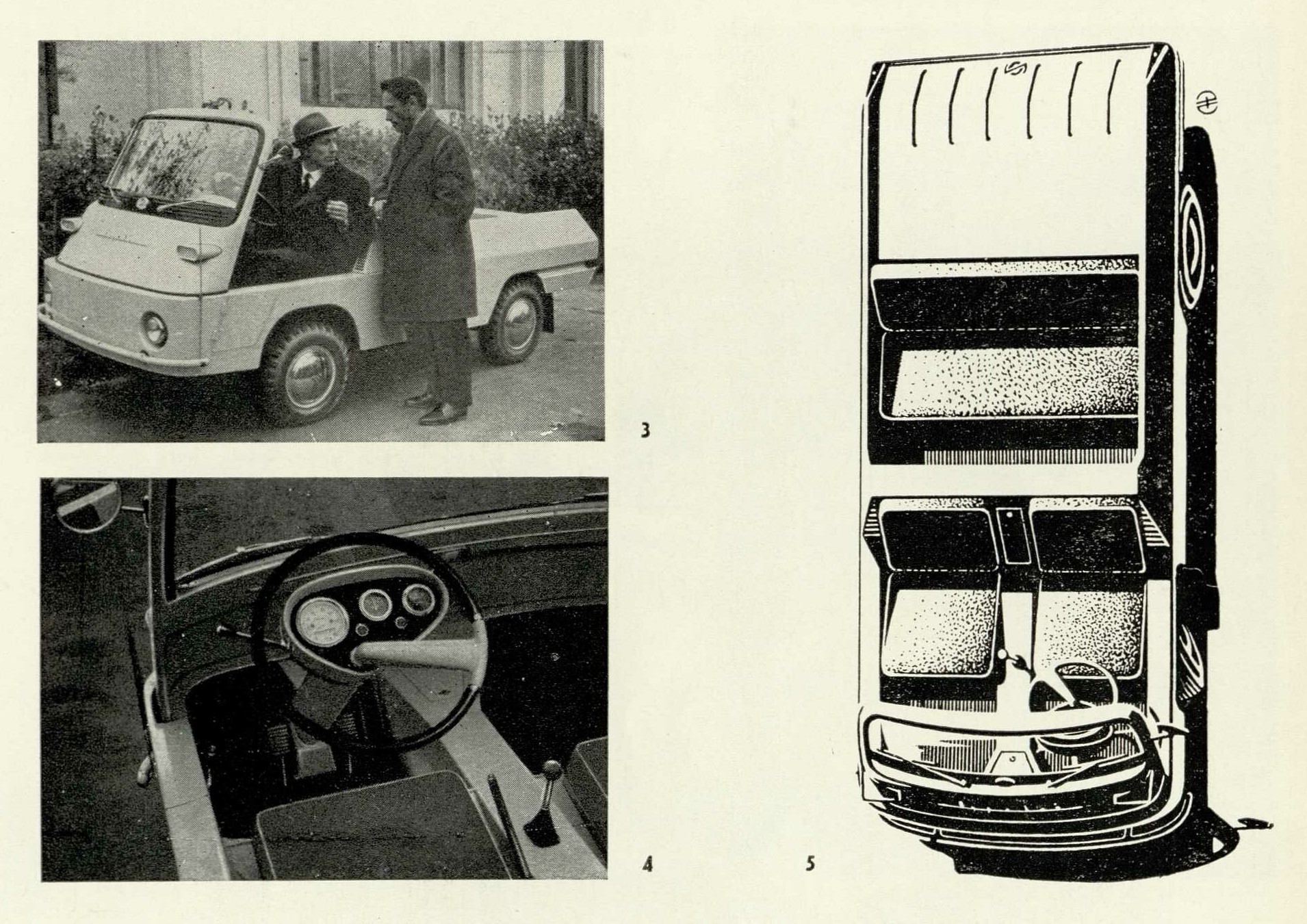 3. Создатели «Муравья» — инженер О. Ивченко н художник-конструктор Э. Молчанов. 4. Рулевая колонка и щит приборов. 5. Автомобиль «Муравей». Вид сверху.
