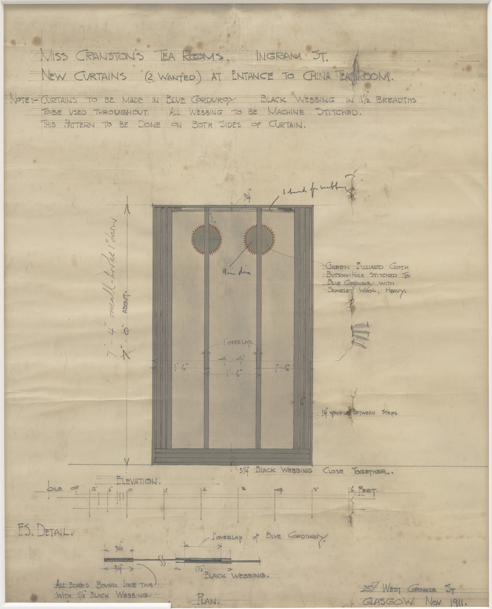 Charles Rennie Mackintosh. Curtain design for Miss Cranston's Tea Room. 1911