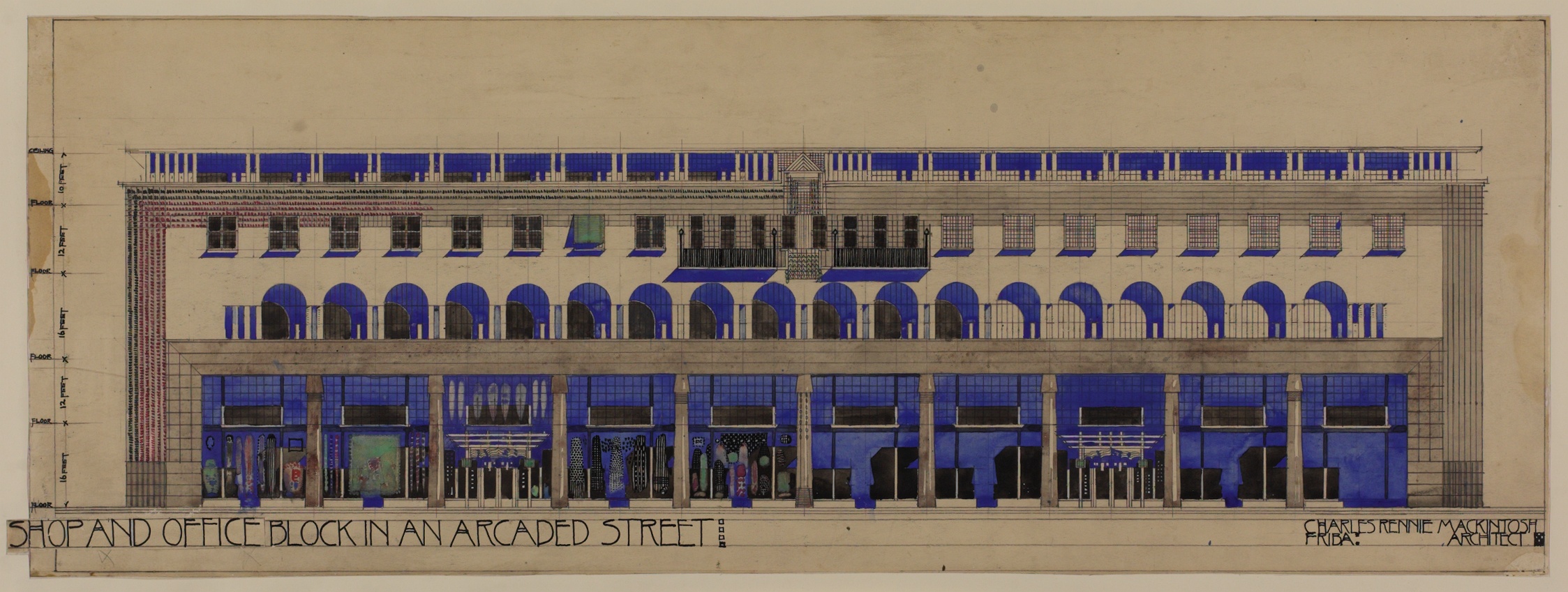 Charles Rennie Mackintosh. Designs for buildings in an arcaded street. [?1915–6]. Source: University of Glasgow