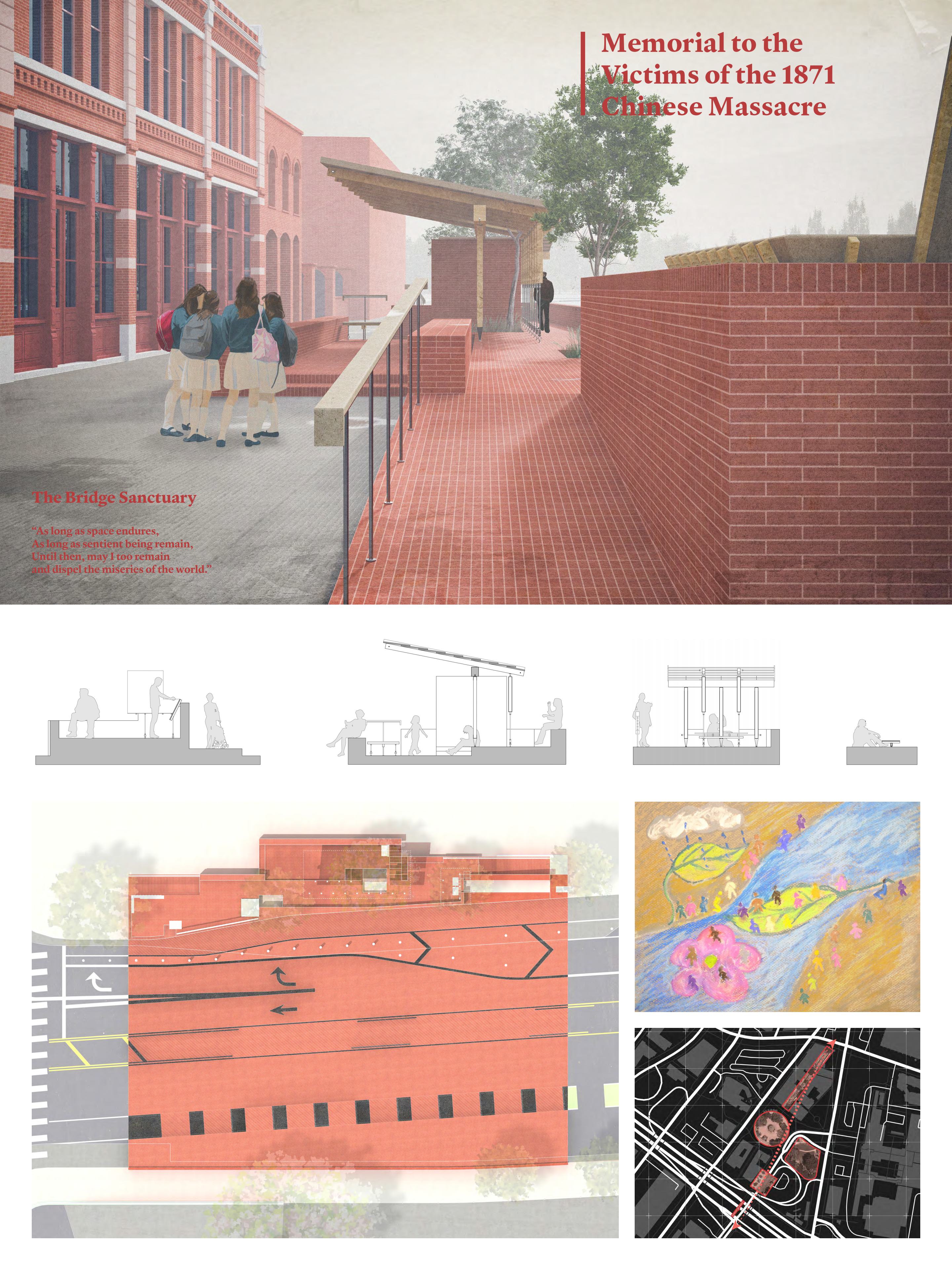 Proposed Concept of Memorial to the Victims of the 1871 Chinese Massacre. Sonam Lhamo, Jiawei Yao, Yiying Tang. Architectural Team, Seattle, WA