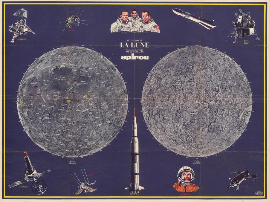 Cette carte de la lune vous est offerte par le journal de Spirou. DEVOS.