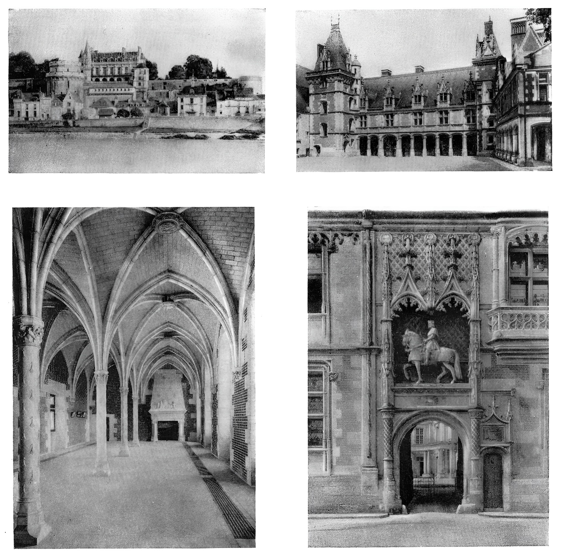 10. Амбуаз. Замок-дворец (слева). Общий вид, галерея. Блуа. Дворец Людовика XII (справа). Дворовый фасад, ворота