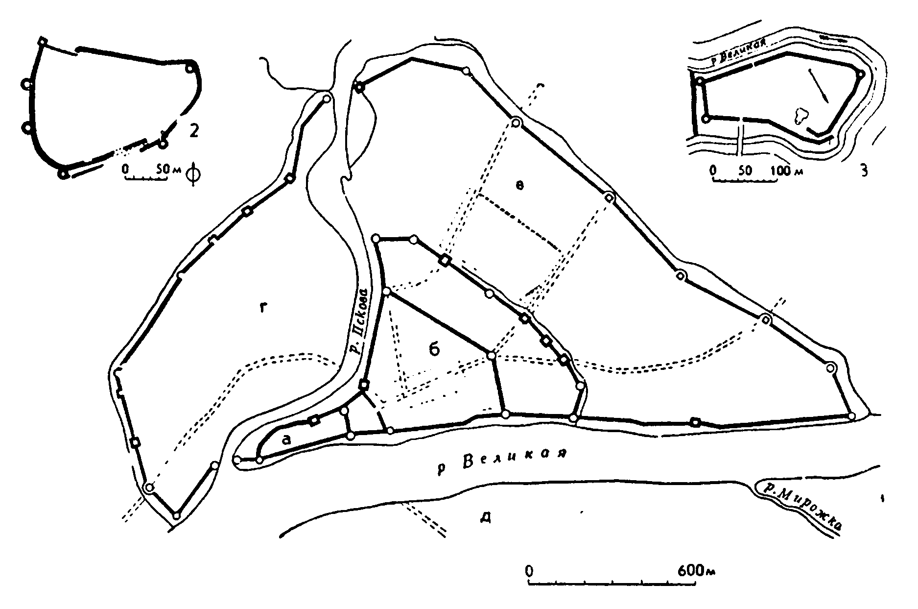 18. Псков. 1 — схема плана города: а — Кром; б — Средний город; в — Окольный город; г — Запсковье; д — Завеличье; 2 — план Изборской крепости; 3 — план крепости Острова