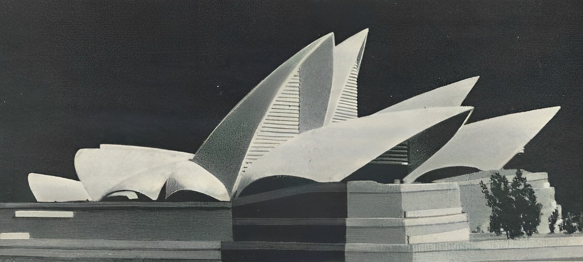 Здание Оперного театра в Сиднее. Проект. 1956 г. Макет, разрез и планы