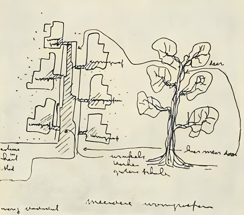 Иллюстрации Я. Бакемы к статье «Когда наши здания протянут друг другу руки». 1965 г. (принцип развития города по схеме растущего дерева)