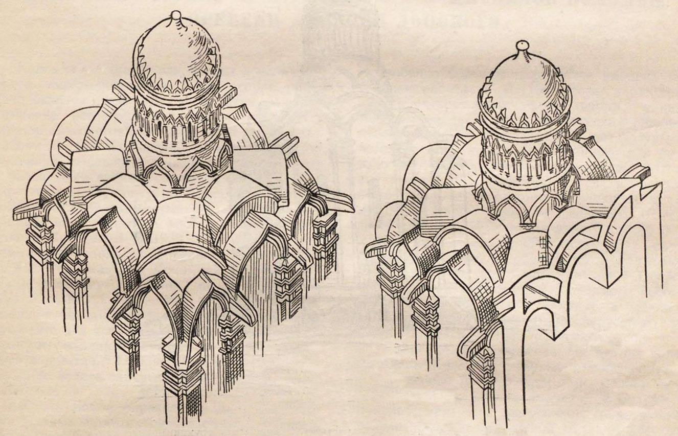 Рис. 3. Собор Симонова монастыря; слева — схема реконструкции перекрытия; справа — схема расположения сводов-крыш