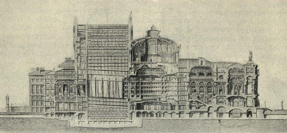 Рис. 29. Здание Новой оперы в Париже. Арх. Ш. Гарнье. Продольный разрез