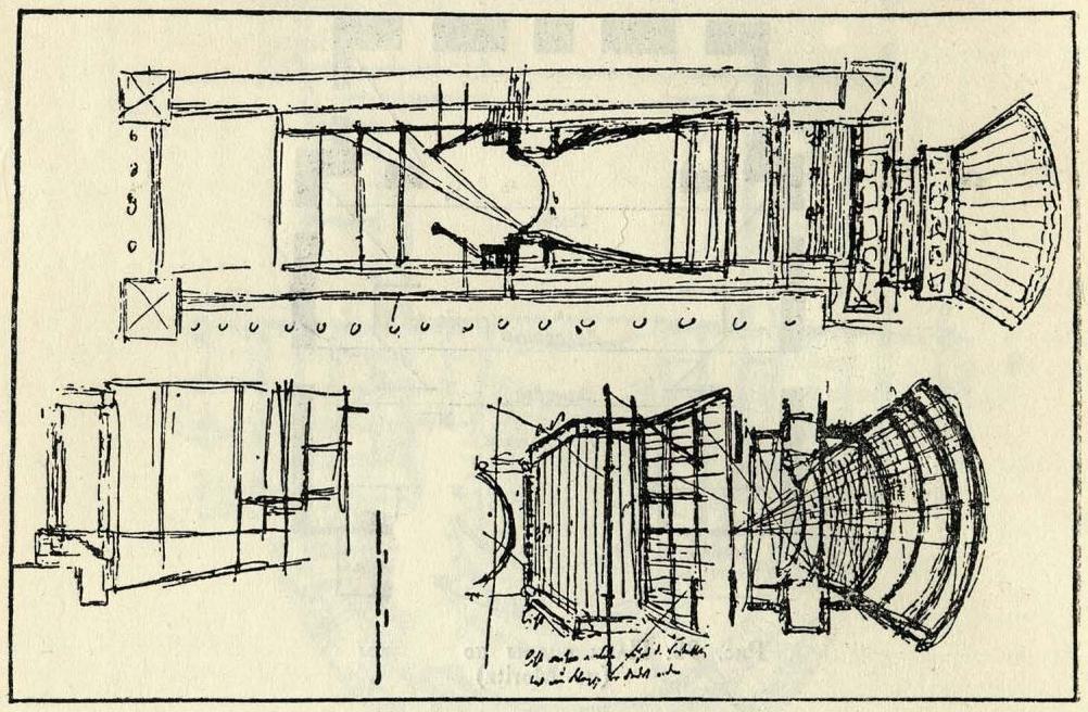 Рис. 34. Эскизы решения зрительного зала в виде секторообразного амфитеатра (по «Monatshefte für Baukunst», 1929)