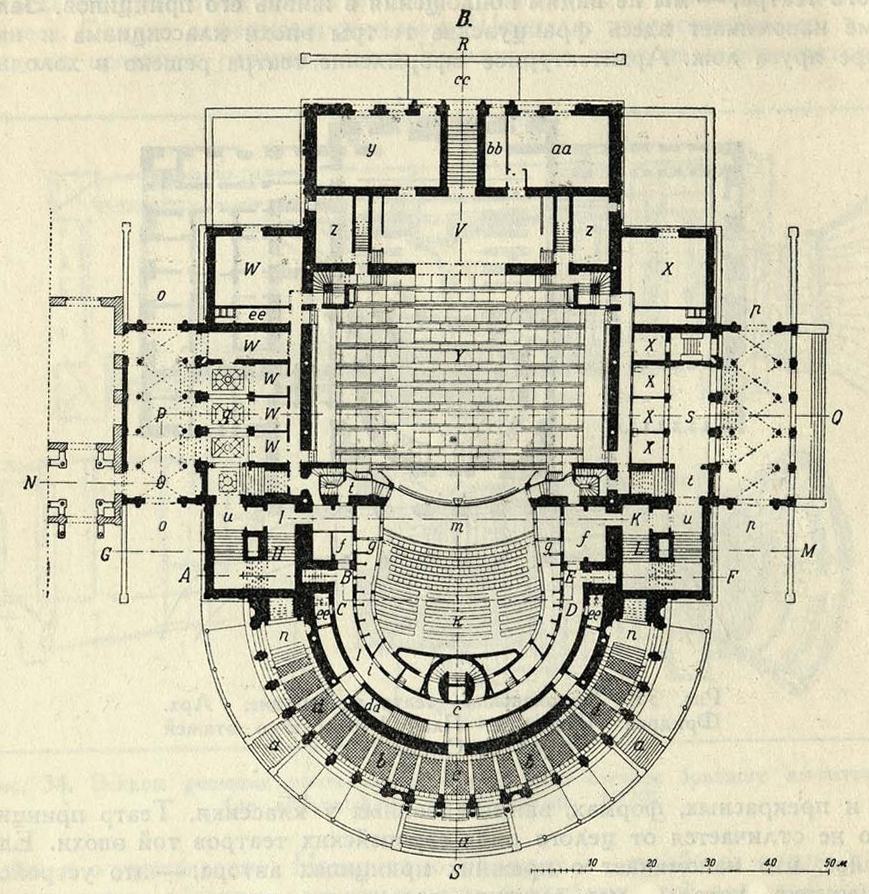 Рис. 36. Старый Гофбург-театр в Дрездене. Арх. Готфрид Земпер. План 1-го этажа. Театр сгорел в 1869 г.