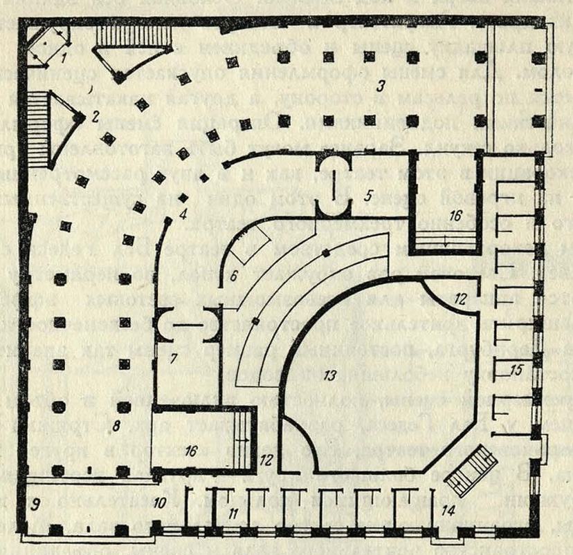 Рис. 29. Нью-Йорк. Проект театра с опускающейся сценой внутри зрительного зала. 1923 г. 1 — лифт в контору, 2 — фойе, 3 — подъезд для экипажей, 4 — курительная, 5 — туалет, 6 — оркестр, 7 — гардероб, 8 — лестница в зрительный зал, 9 — вход, 10 — касса, 11 — раздевальная, 12 — туалет, 13 — углубление сцены, 14 — вход на сцену, 15 — раздевальная, 16 — лестница в зрительный зал. Арх. Норман Бел Гедес