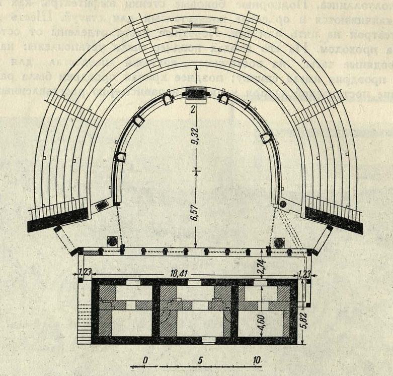 Рис. 23. План театра в Приене: 1 — новая проедрия, 2 — жертвенник
