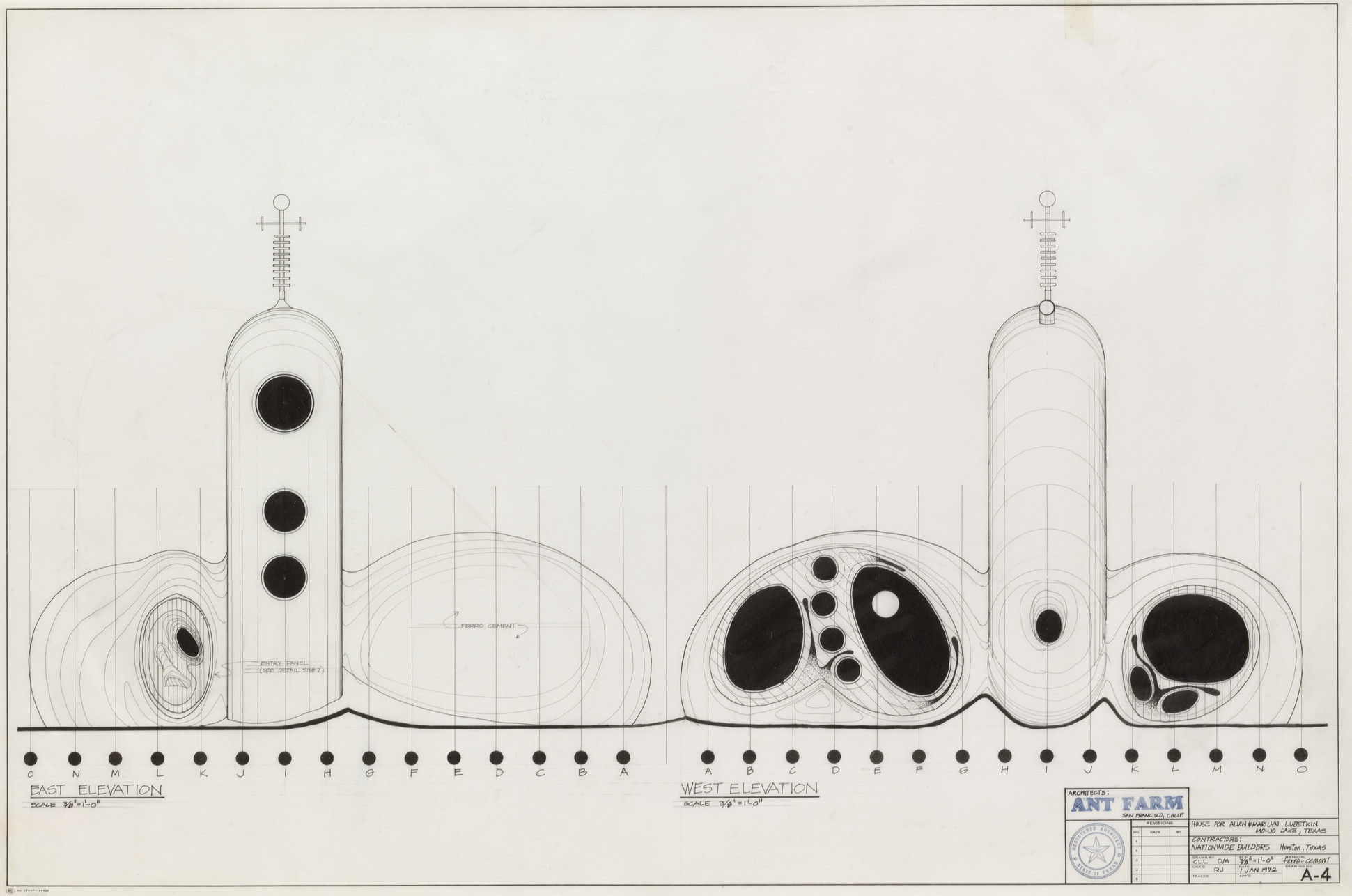 Ant Farm, Richard Jost, Chip Lord, Doug Michels. House of the Century (Alvin and Marilyn Lubetkin House), Mojo Lake, TX (East and West Elevations). 1971-73