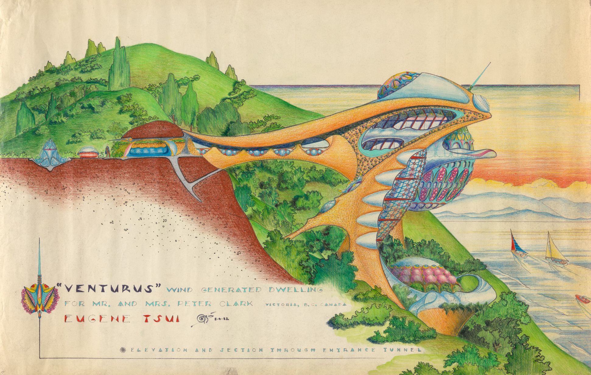 Eugene Tssui. "Venturus" Wind Generated Dwelling for Mr. and Mrs. Peter Cook, Victoria, B.C., Canada. 1982