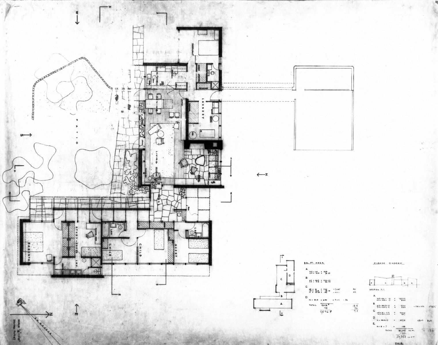 Project: Ehle Residence. Client: Ehle, Harry A. and Emily L. Plan and section. 93.5cm × 73cm. Pencil on vellum. Louis I. Kahn Collection, Architectural Archives, University of Pennsylvania