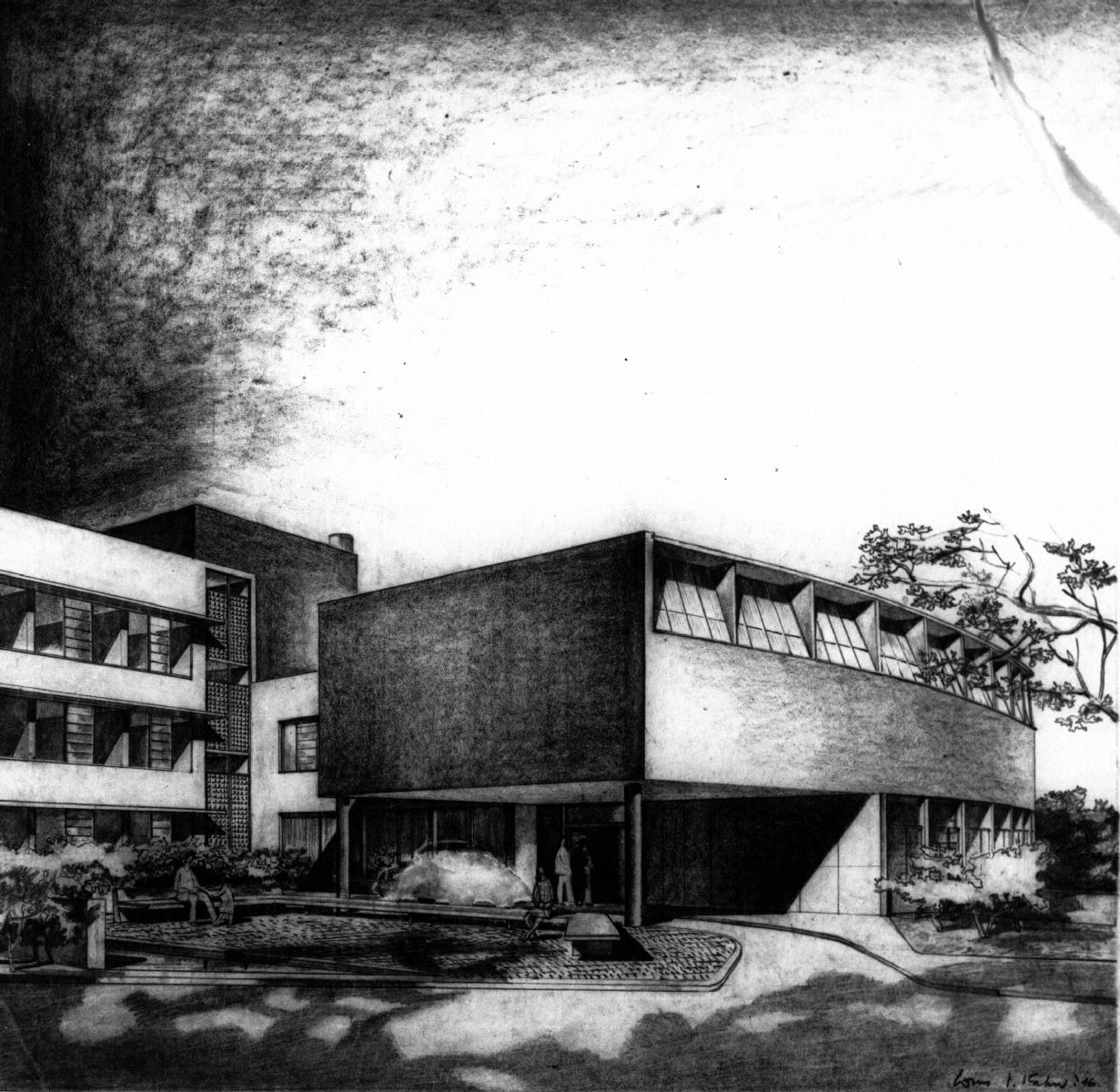 Project: Philadelphia Psychiatric Hospital, alterations and additions. Client: Philadelphia Psychiatric Hospital. Perspective. 1946. 43cm × 46cm. Pencil on vellum. Louis I. Kahn Collection, Architectural Archives, University of Pennsylvania