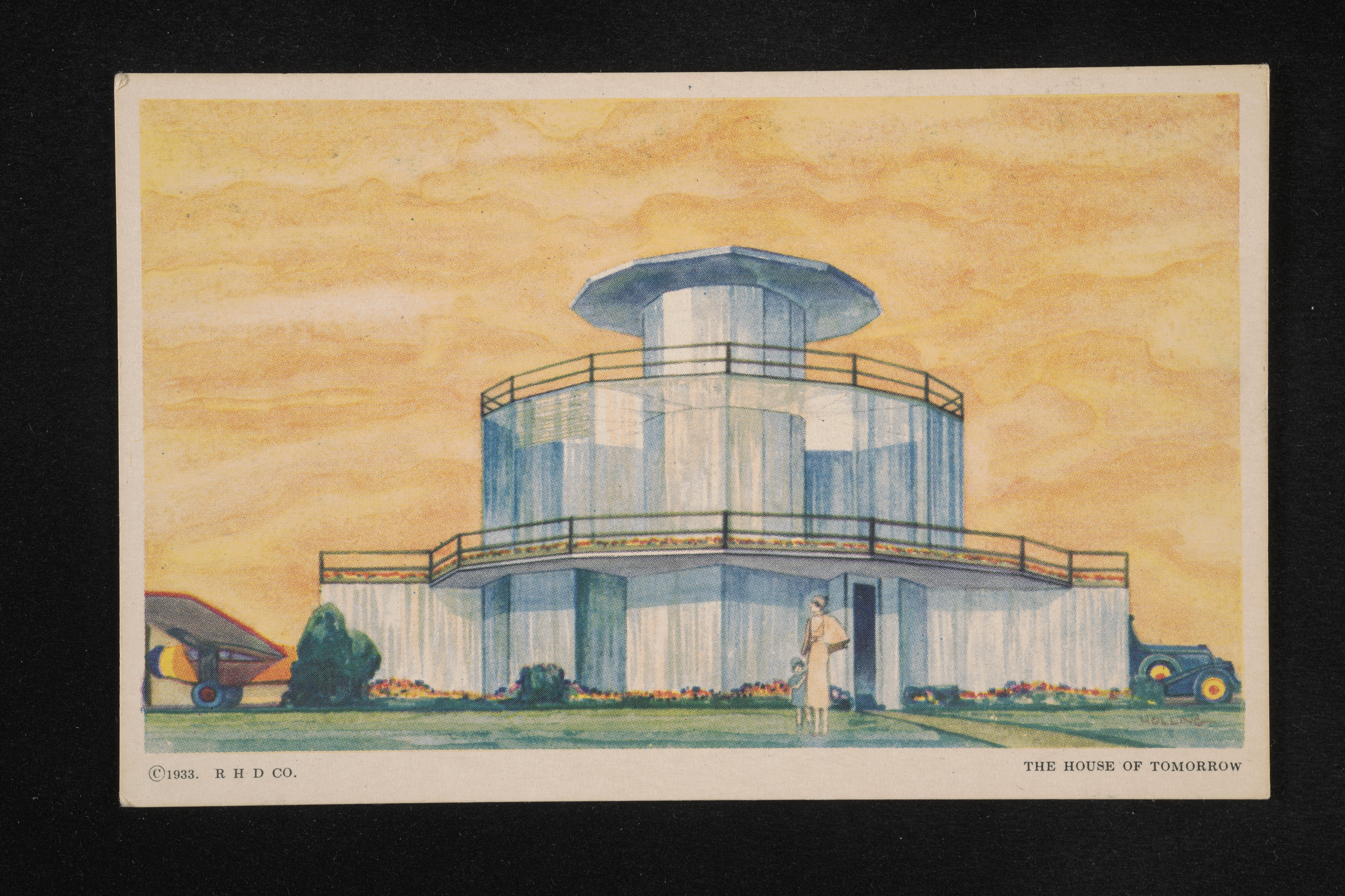 Почтовая открытка с видом дома House of Tomorrow («Дом завтрашнего дня»). Автор: Donnelly & Co. 1933. Источник: Коллекция Всемирной выставки, Библиотека Ньюберри. Colorized postcard view of the House of Tomorrow. Creator: Donnelly & Co. Date: 1933. Source: Newberry Library World’s Fair Collection.