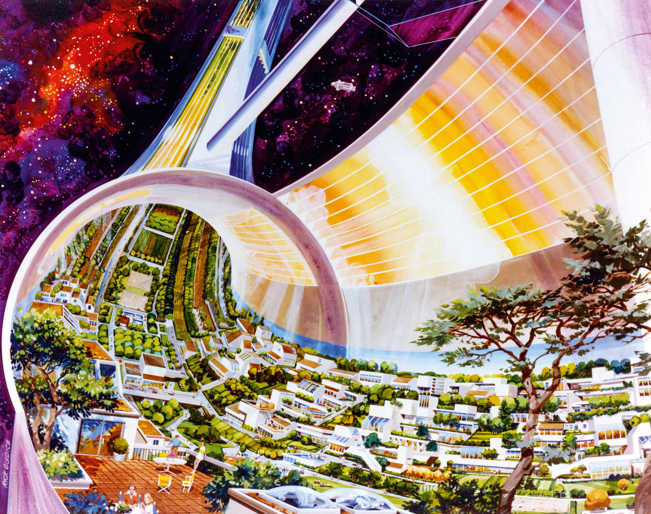 Рик Гвидиче для NASA. «Разрез тороидальной космической станции», 1975. Исследовательский центр Эймса NASA. © Rick Guidice. Изображение предоставлено NASA Ames Research Center. Rick Guidice for NASA, Cutaway of Torus Wheel Habitat, 1975, NASA Ames Research Center, © Rick Guidice, photo courtesy NASA Ames Research Center.