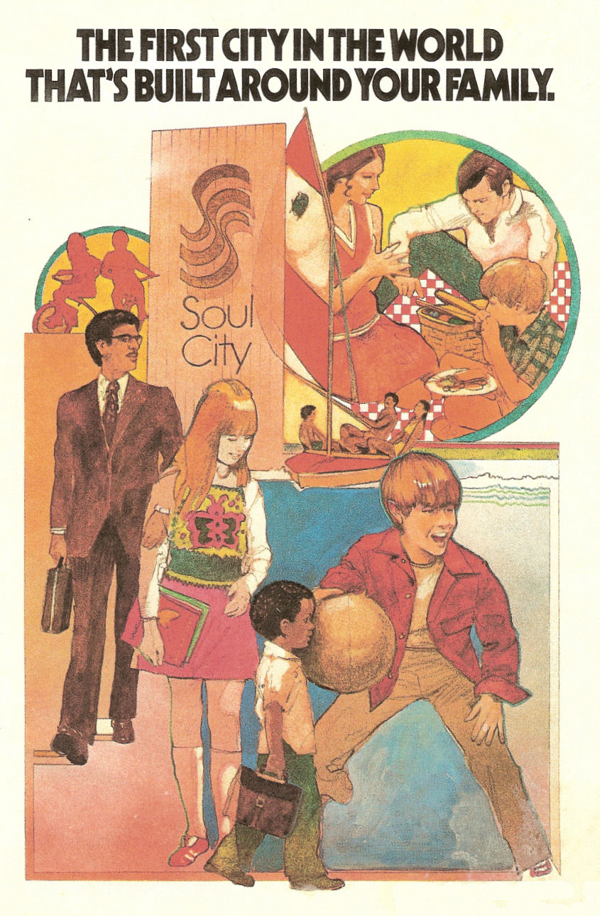 Реклама Soul City, около 1970 года. Министерство жилищного строительства и городского развития США (HUD). Получено из Green Duke House, Норлина, Северная Каролина. Источник: Wikimedia. Advertisement for Soul City, ca. 1970. United States Department of Housing and Urban Development. Obtained from the Green Duke House, Norlina, NC. Source: Wikimedia.