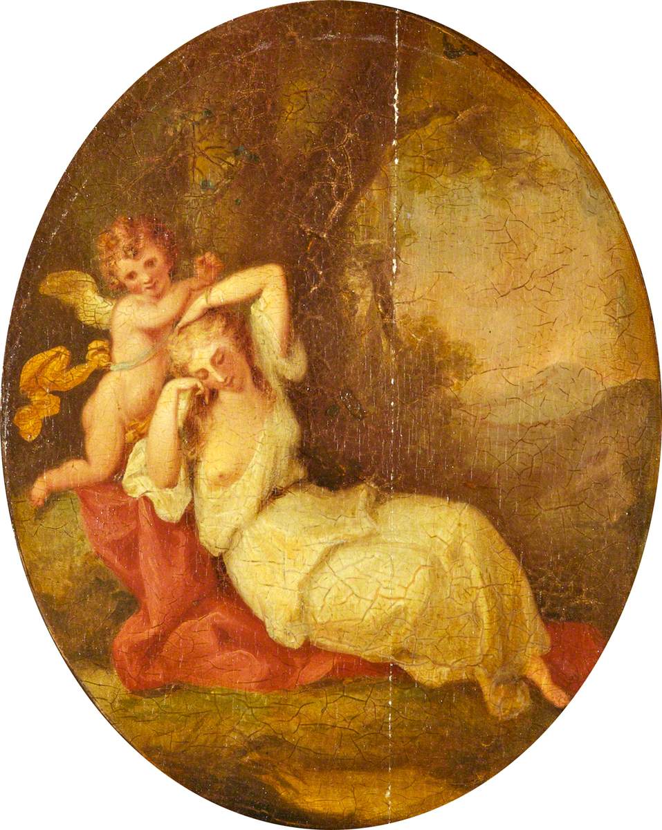 Angelica Kauffmann (style of). A Nymph and a Cupid. Date: late 18th C. Oil on oak panel. Measurements: H 40 x W 33.5 cm. Source: Lady Lever Art Gallery