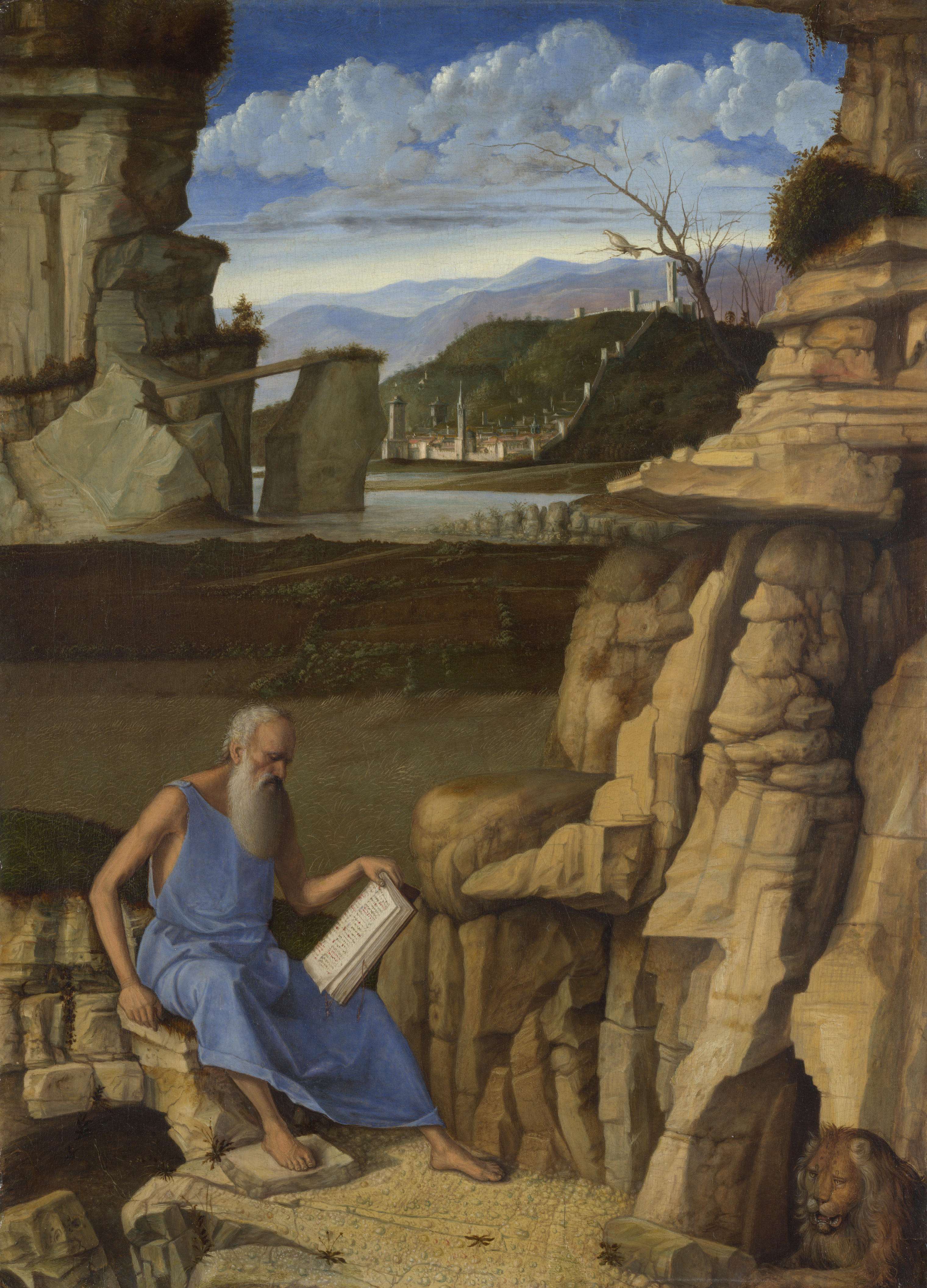 Giovanni Bellini. Saint Jerome reading in a Landscape. Date made: about 1480-5. Oil on wood (probably poplar). 46.8 × 33.8 cm. National Gallery, London