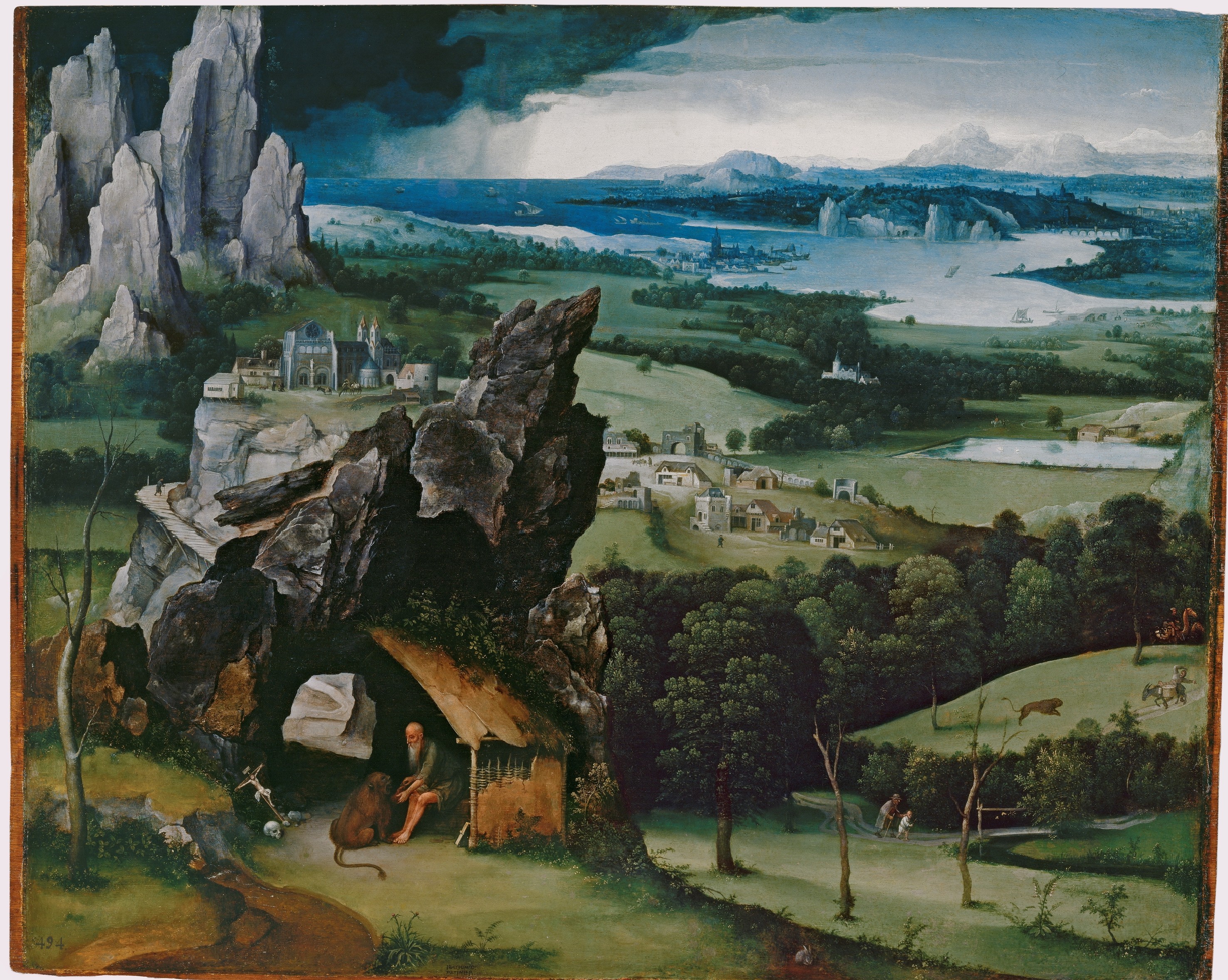 Joachim Patinir. Landscape with Saint Jerome (Museo del Prado, Madrid) / Paisaje con san Jerónimo. 1516–1517. Óleo sobre tabla, 74 × 91 cm