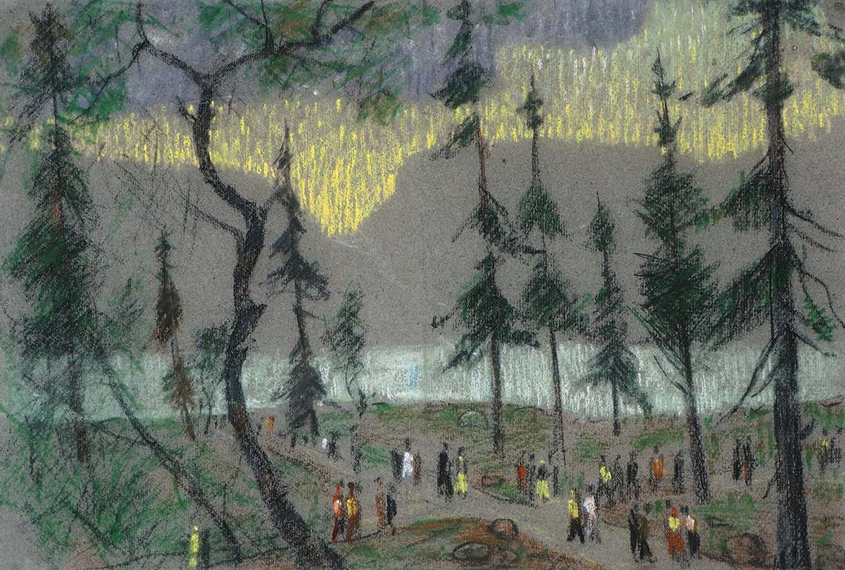 Новиков П. В. Лист из серии «Хибины». Северное сияние. Цветная бумага, пастель. 31,5×47 см. 1930-е