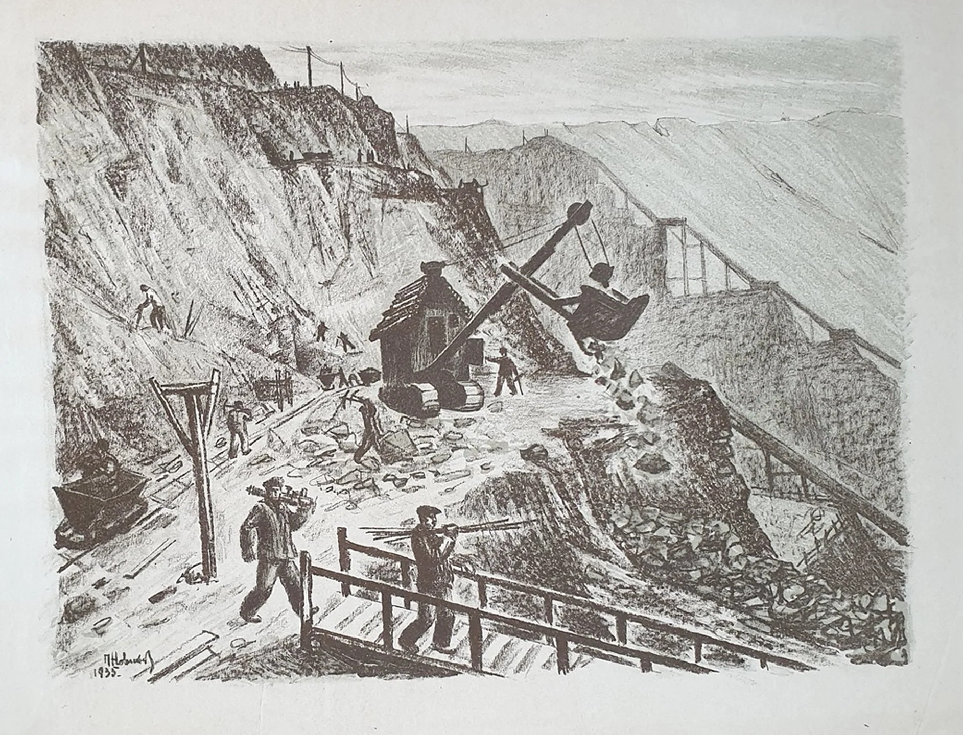 Новиков П. В. Хибины. Стройка. Цветная литография, 27×36 см. 1935