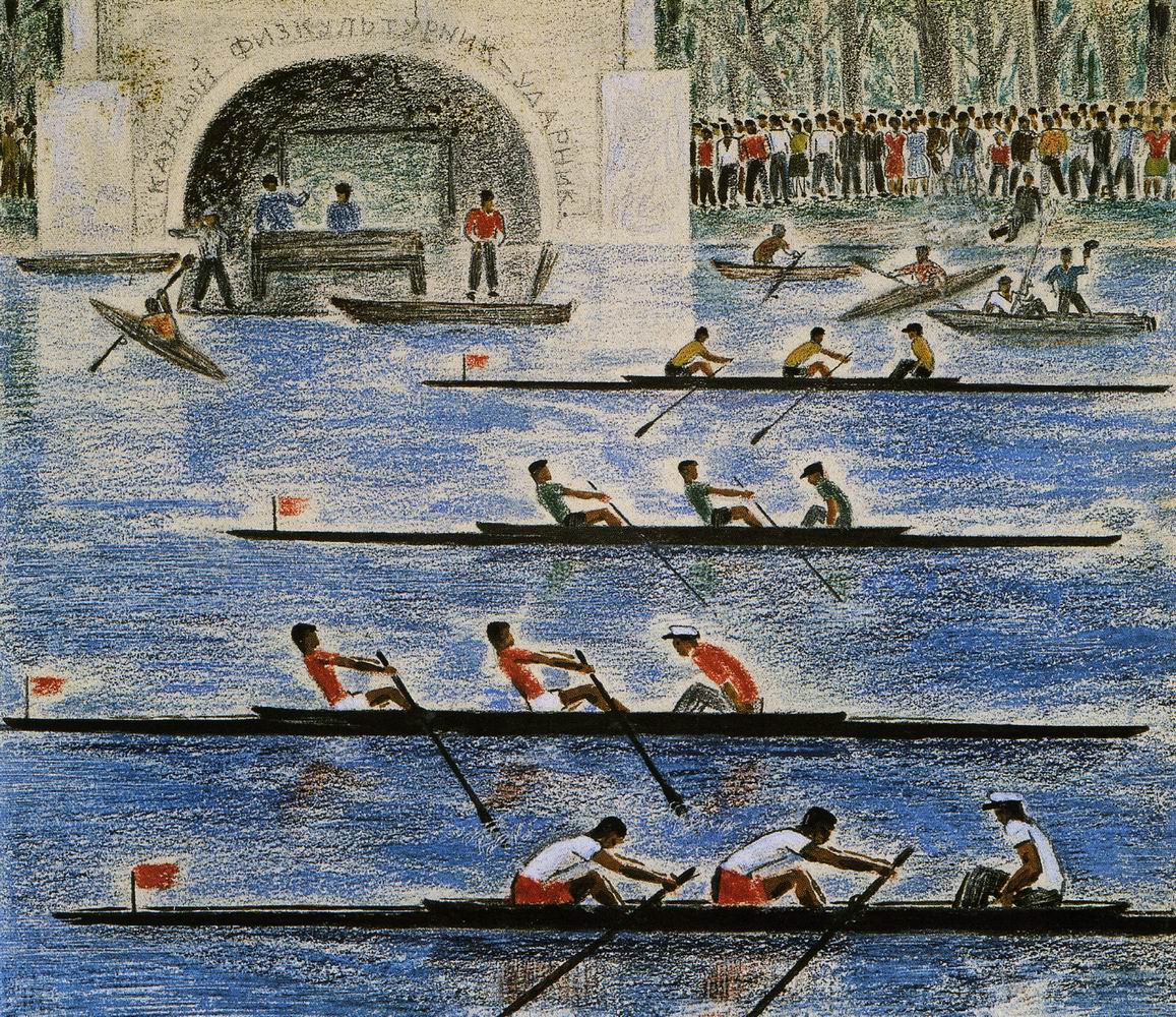 Новиков П. В. Макет книги «Стадион». Лист 7. 1929. Бумага, цветной карандаш, графитный карандаш, акварель, белила. 19,2 × 22,3. Государственный Русский музей