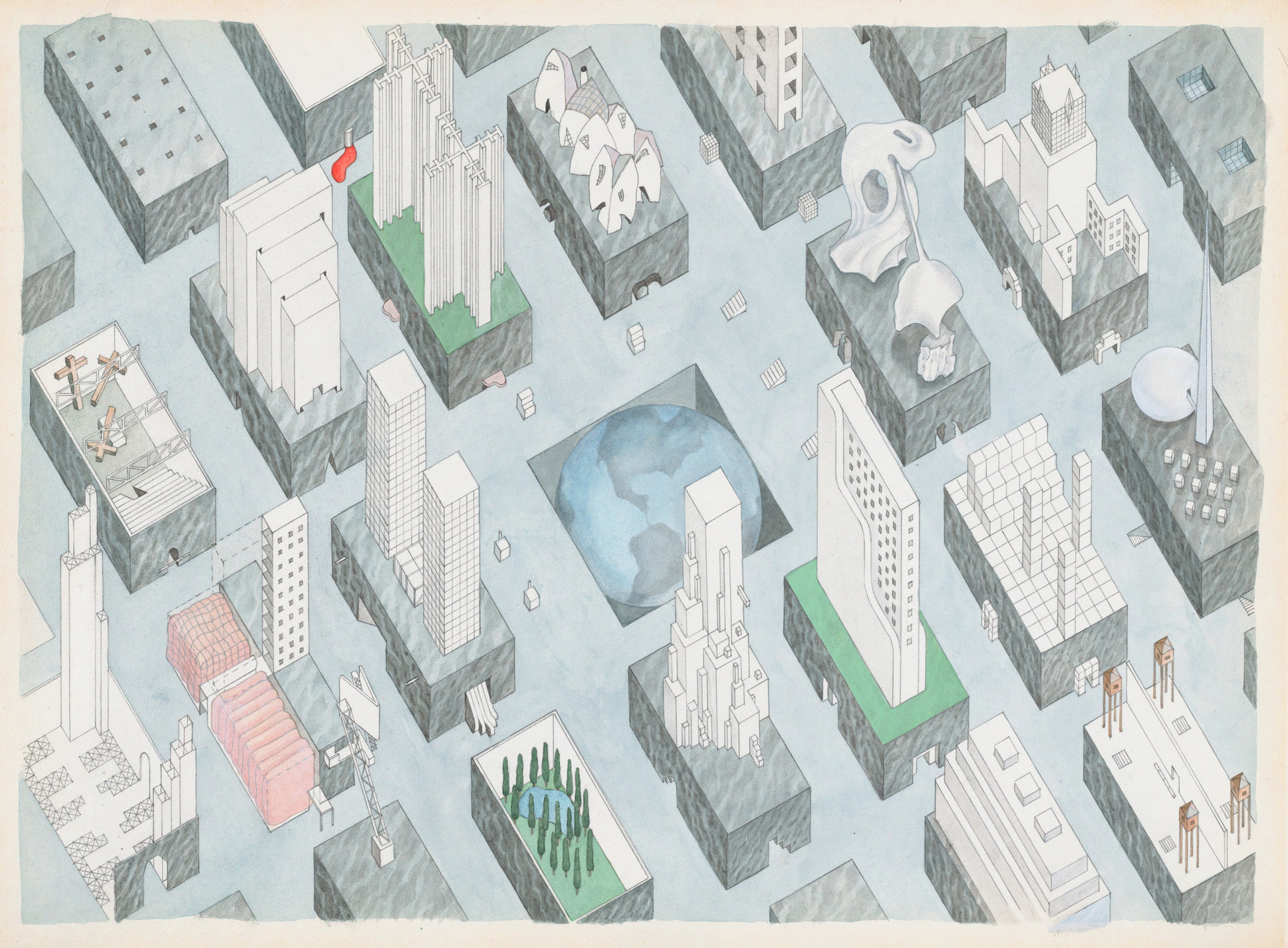 Rem Koolhaas, Madelon Vriesendorp. The City of the Captive Globe Project, New York, New York, Axonometric. 1972. Gouache and graphite on paper, 12½ × 17⅜" (31.8 × 44.1 cm)