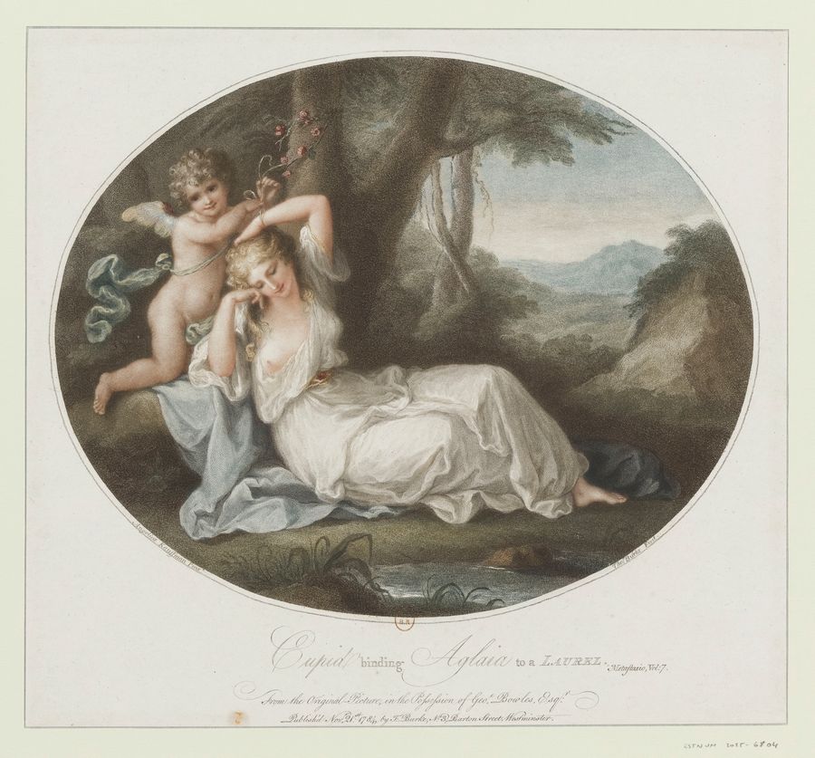 Cupid binding Aglaia to a laurel : From the Original Picture in the possession of Geo. Bowles Esq : [estampe] / Angelica Kauffman Pinx.t ; Tho.s Burke Fecit. Date: 1784. Dimensions: height: 32.5 cm (12.7 in); width: 26 cm (10.2 in). Clickable Source: Bibliothèque nationale de France