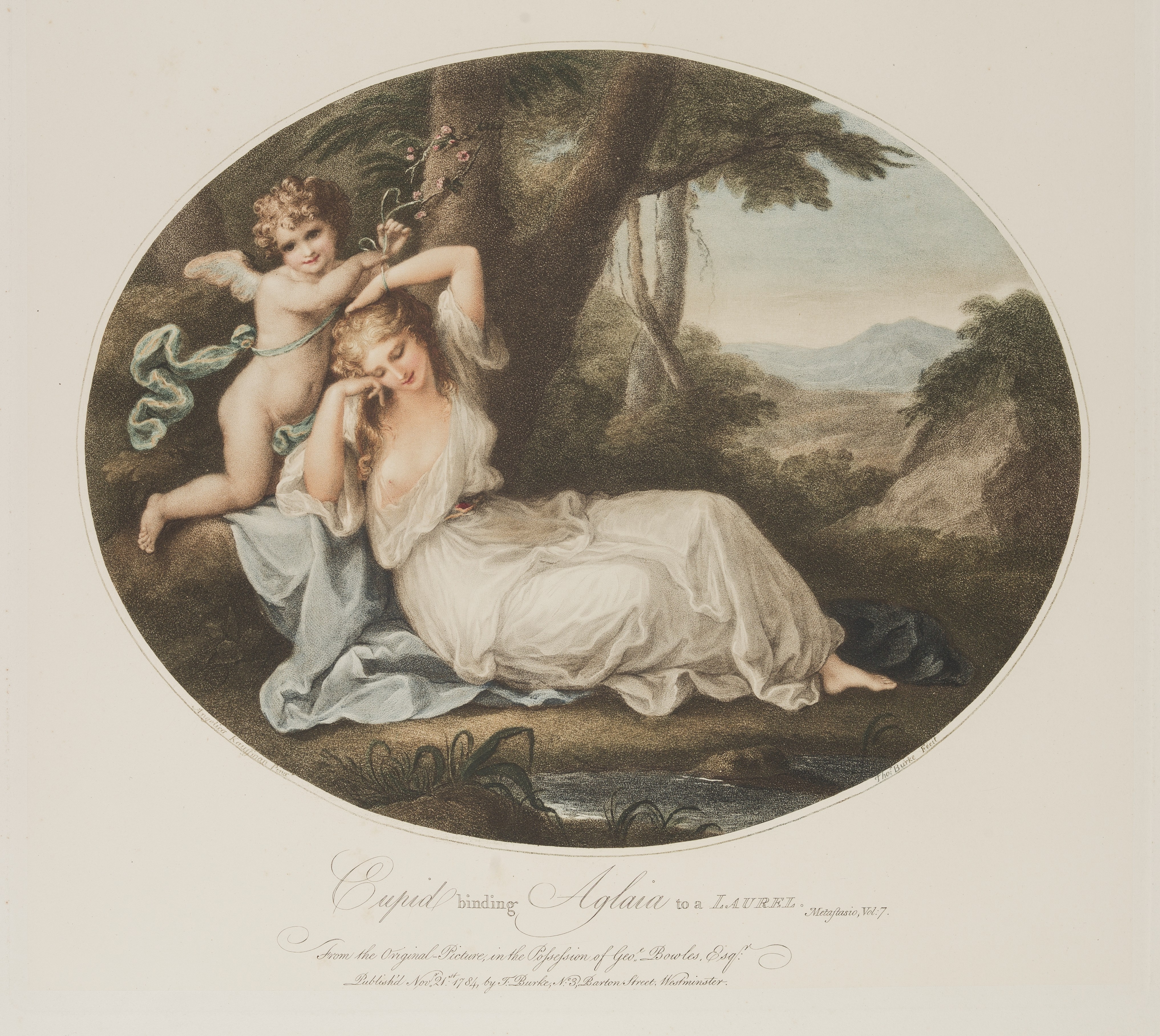 Cupid binding Aglaia to a laurel. Print made by: Thomas Burke (after Angelica Kauffman). Artwork Date: between 1749 and 1815. Plate: 13 1/8 × 14 1/2 inches (33.3 × 36.8 cm). Sheet: 17 3/8 × 18 5/8 inches (44.1 × 47.3 cm). Source: Detroit Institute of Arts