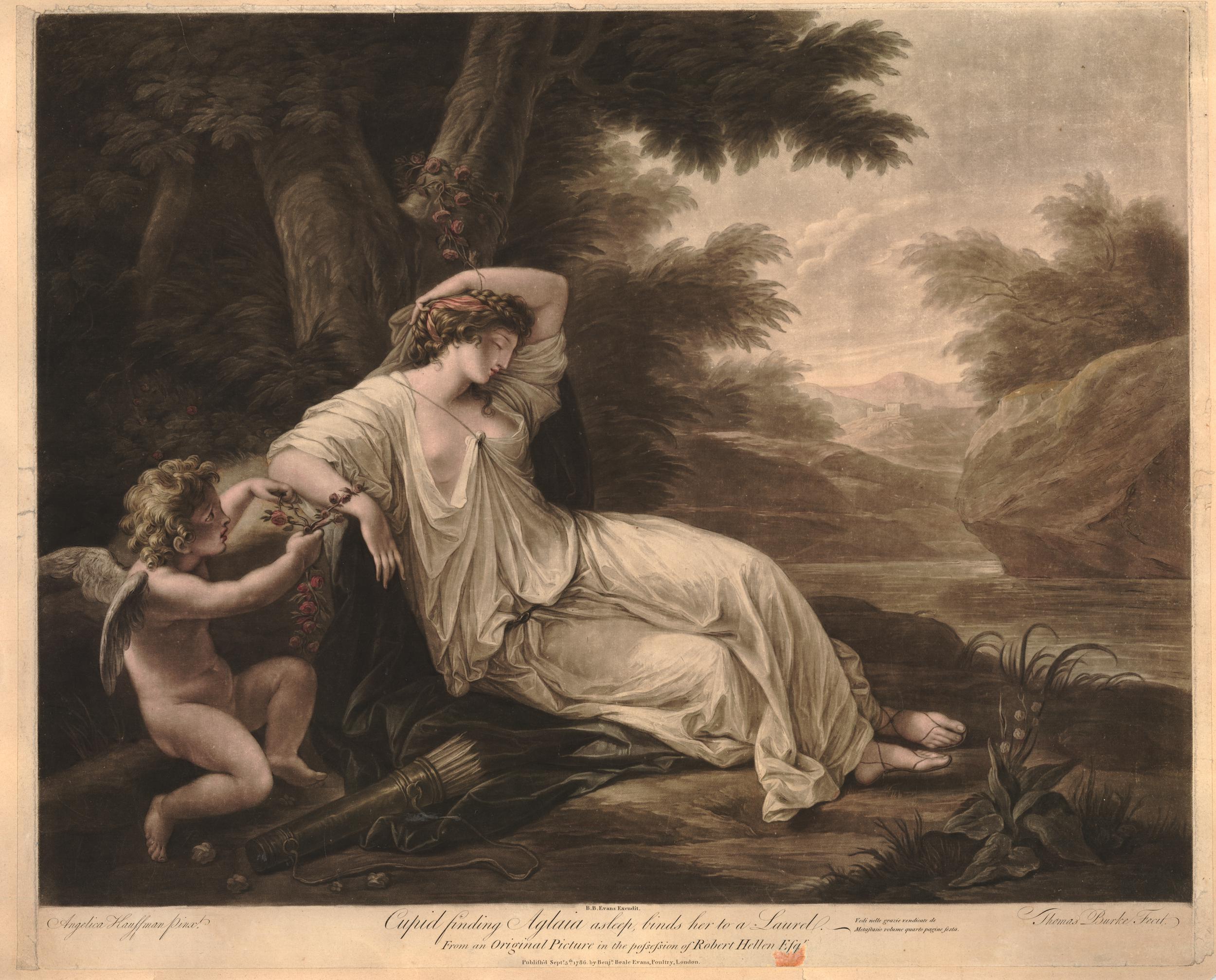 Cupid, finding Aglaia asleep, binds her to a laurel. Print made by: Thomas Burke (after Angelica Kauffman). Dimensions: Height: 447 millimetres, Width: 540 millimetres. Published by: Benjamin Beale Evans. Production date: 1786. Inscription content: Lettered below image with title and: "Angelica Kauffman pinxt./ B.B.Evans Excudit./ Thomas Burke Fecit./ Vedi nelle grazie vendicate de/ Metastasio volume quarto pagine sesta./ From an Original Picture in the possession of Robert Hellen Esqr./ Publish'd Septr. 5th. 1786, by Benj. Beale Evans, Poultry, London.". Curator's comments: A re-issue of a plate first published by Ryland on 15 September 1774. Source: The British Museum