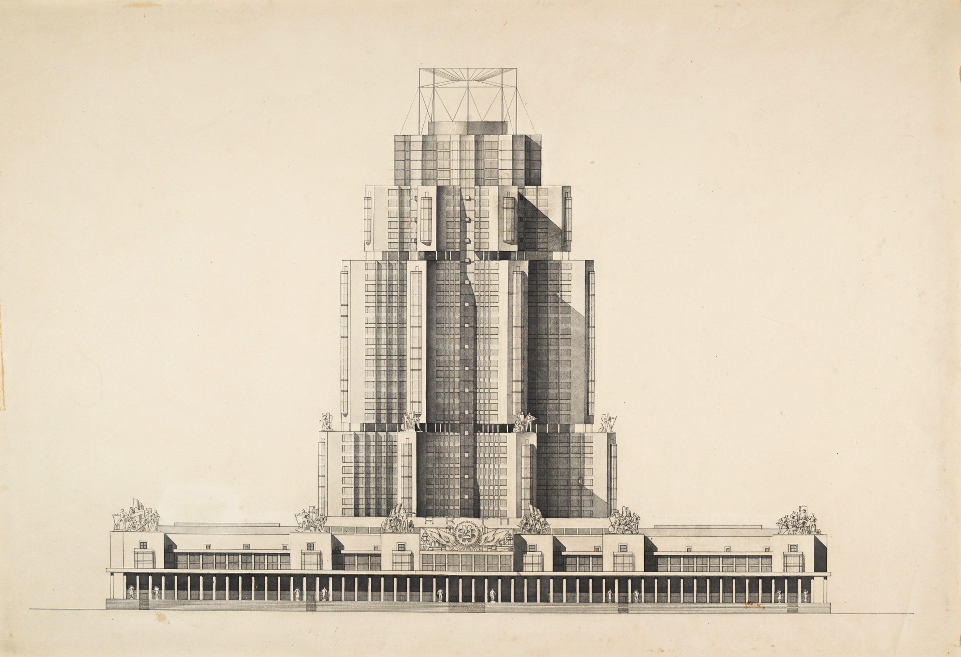 В. А. Веснин, А. А. Веснин. Конкурсный проект здания Наркомата тяжелой промышленности в Зарядье в Москве. 1935. Источник изображения: Музей архитектуры им. А. В. Щусева