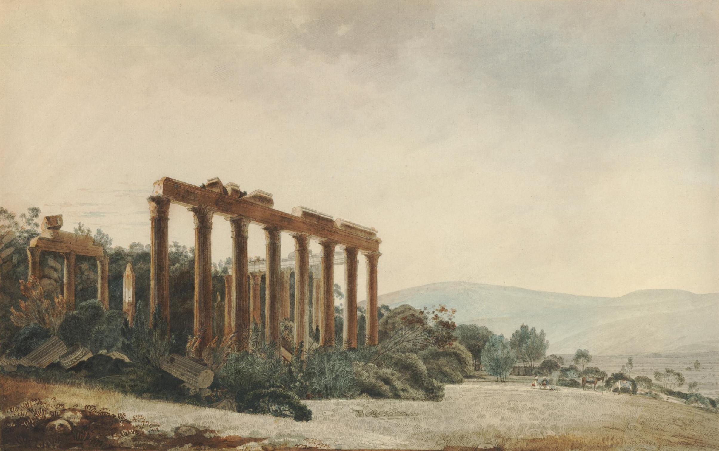 Уильям Парс. «Храм в Иакли» (1764–1766); вид на храм Зевса в Евромосе (Аякли), слева — стоящие коринфские колонны и разбросанные по земле руины, справа — равнина, а вдалеке виднеются горы. Источник: The British Museum