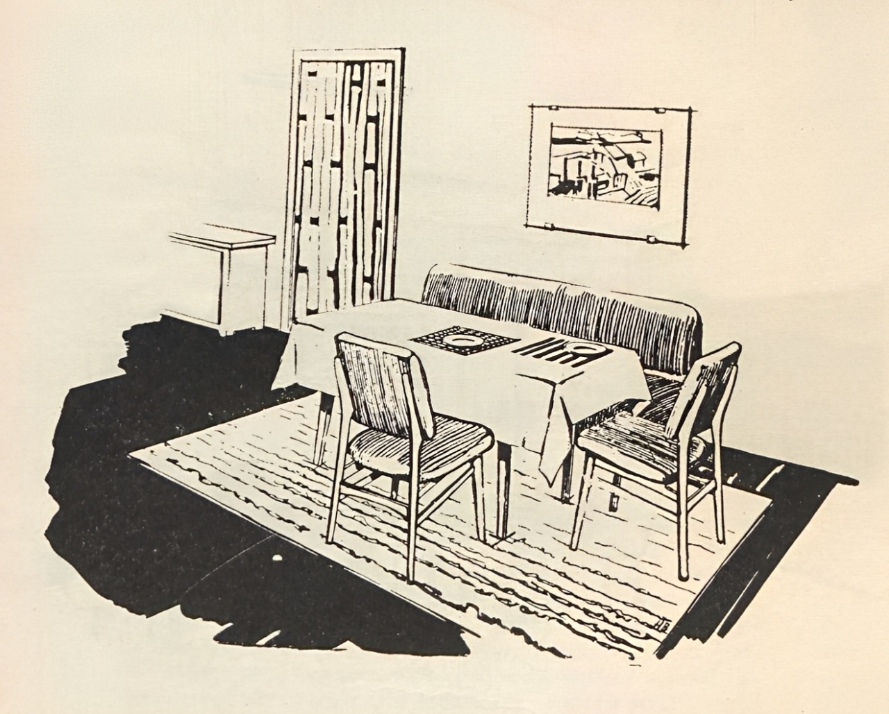 Рис. 8. Свободная плоскость стены дает возможность повесить эстамп большого размера. Место для него выбрало с учетом расстановки мебели. Асимметричное расположение эстампа по отношению к дивану придает всей композиции большую свободу.