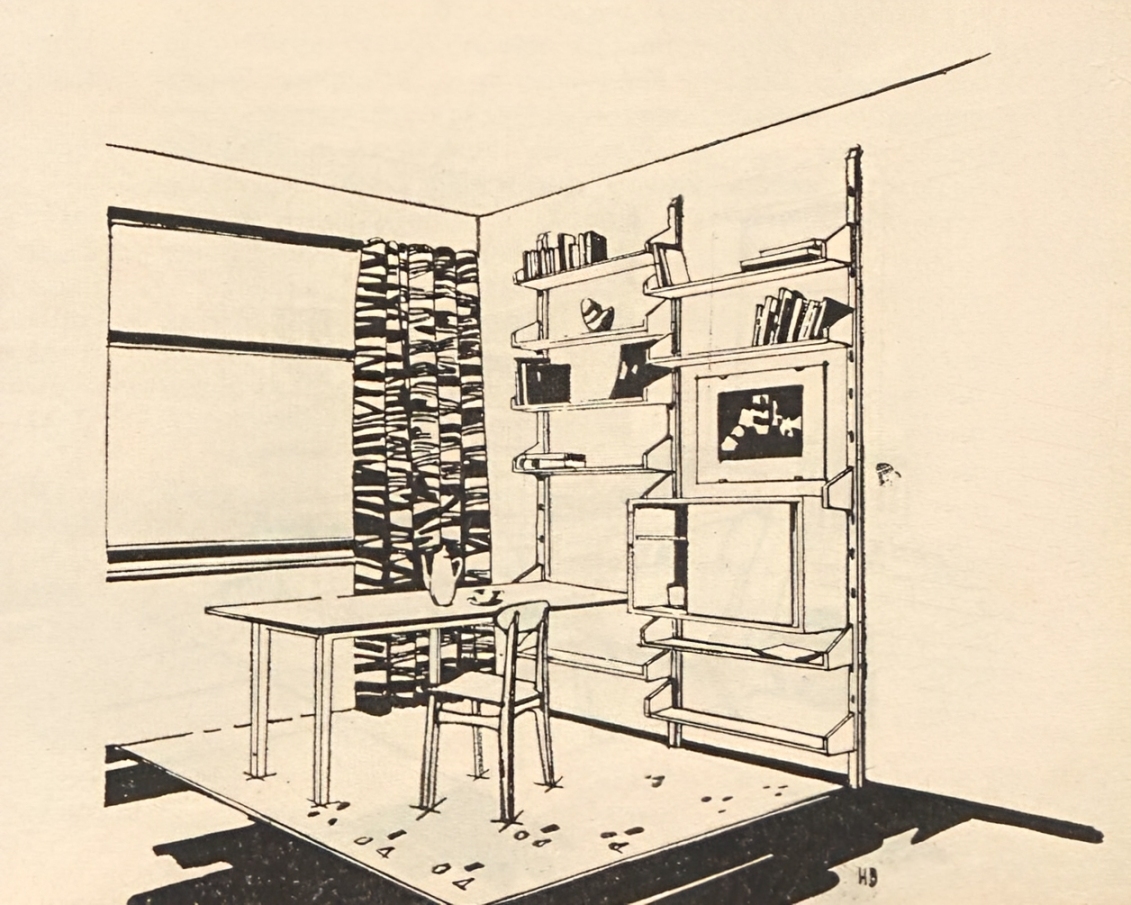 Рис. 9. Здесь эстамп помещен не па свободной стене, а между полками стеллажа. В этом случае эстамп лучше выглядит без рамки, так как сами полки воспринимаются как дополнительное обрамление. Поэтому эстамп может быть повешен здесь симметрично на сравнительно тесной стене.