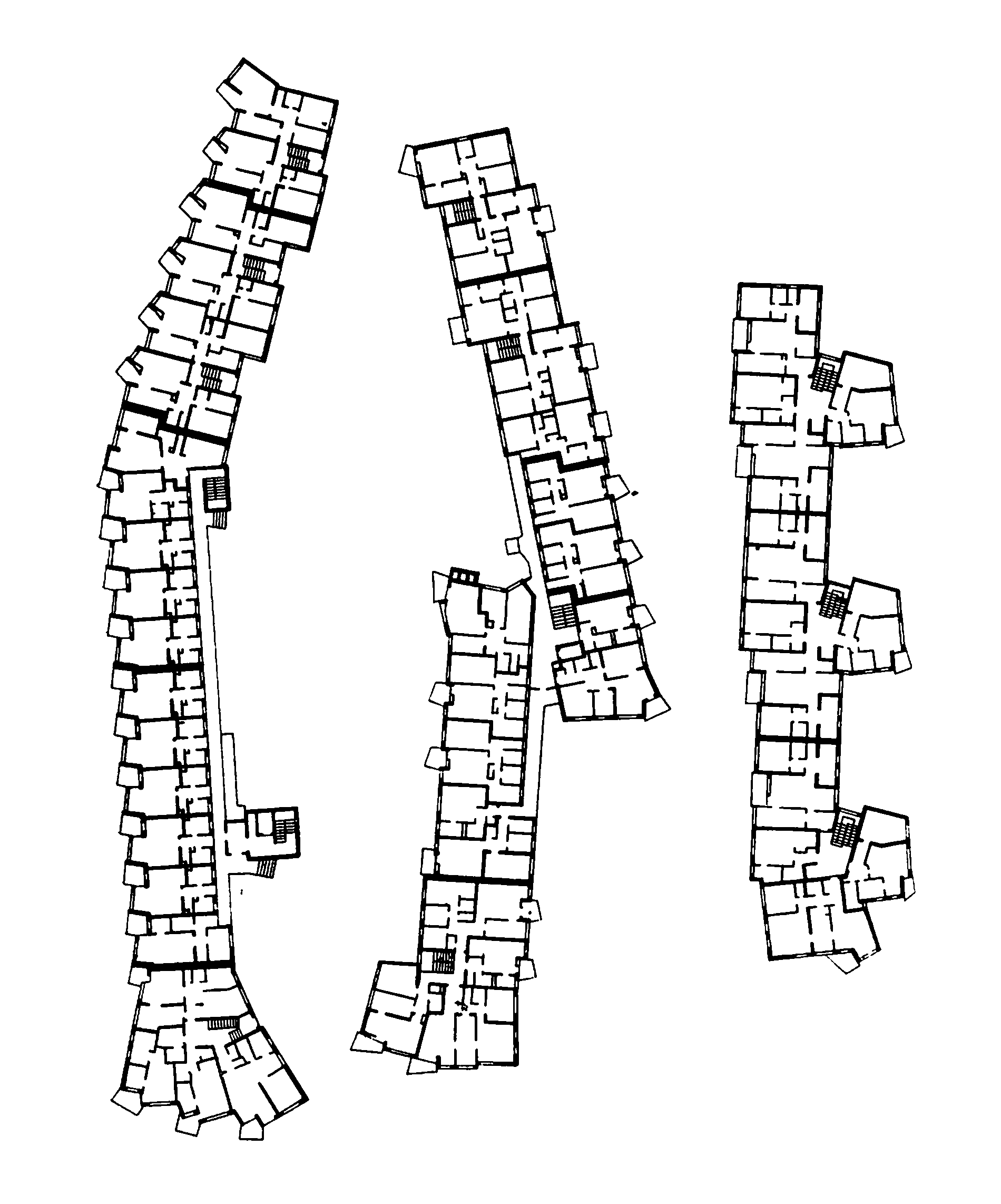 7. Жилой квартал Шарлоттенбург-Норд (Сименсштадт), 1956—1961. Арх. Г. Шарун. Общий вид, планы жилых домов разных типов