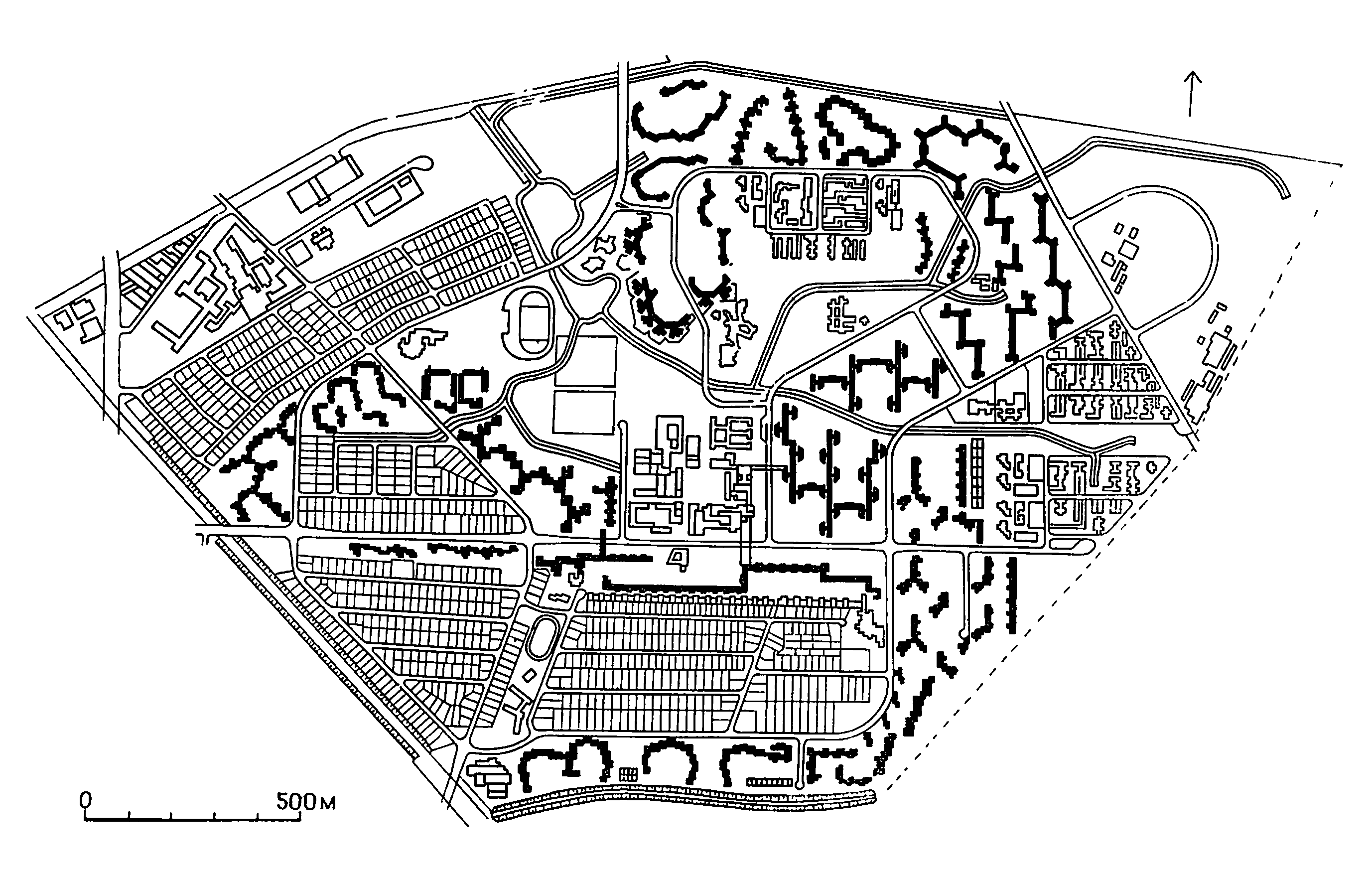10. Жилой район Меркишесфиртель, проект 1962 г., строительство — 60-е годы. Архитекторы О. Унгерс, В. Дюттманн, Г. Хейнрихс, Г. Мюллер и др. Генеральный план