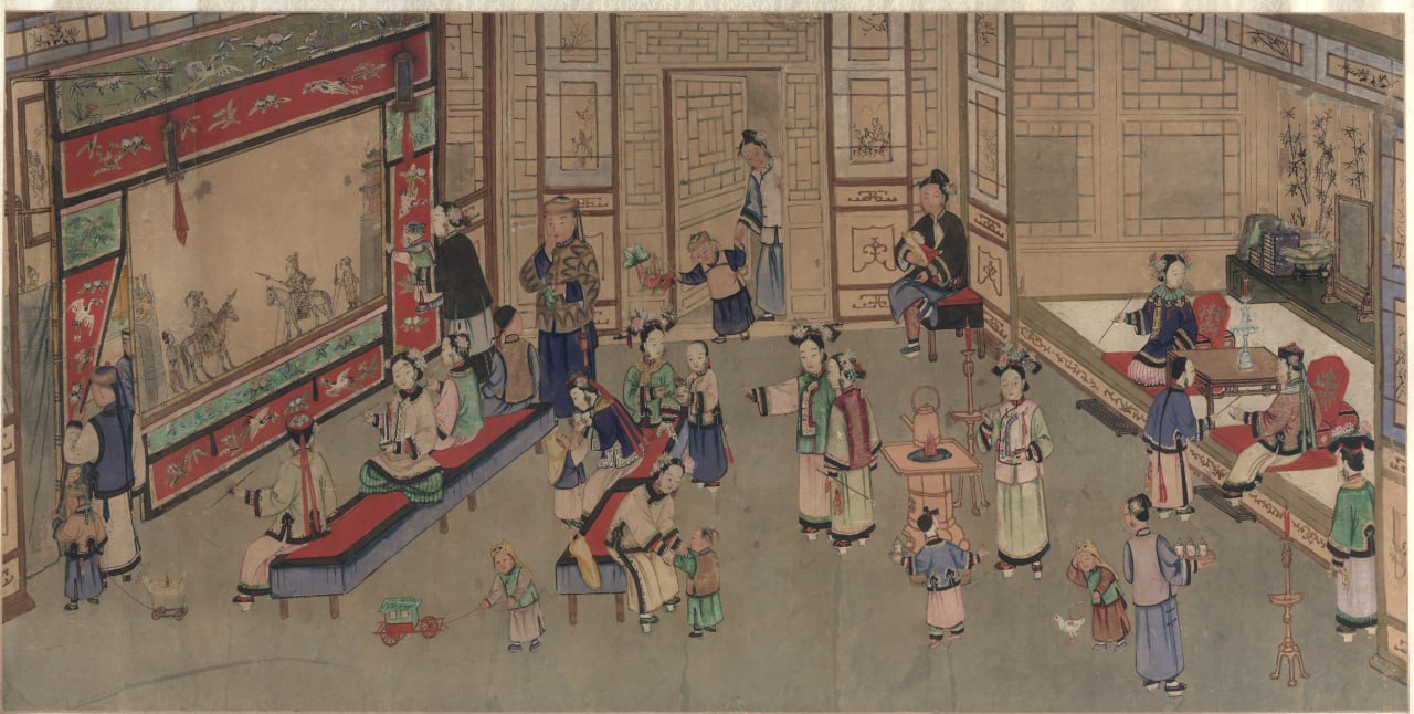 Раскрашенный горизонтальный свиток без подписи «Представление театра теней» Столичный музей (КНР, Пекин)