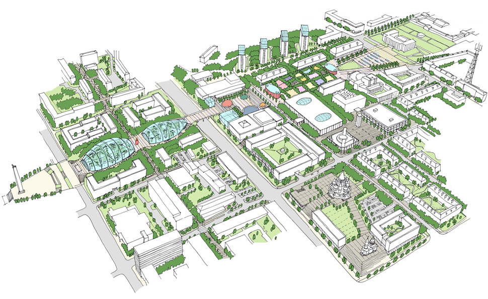 Предварительная концепция реконструкции Центральной площади Ижевска из презентации Саймона Кауфмана, представленная в конце ноября 2013 года.