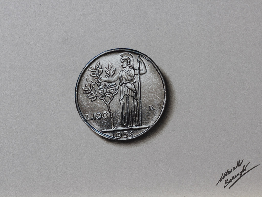 © Marcello Barenghi. Монета достоинством в 100 лир (A 100 lire coin). Время рисования: 3 часа 58 минут