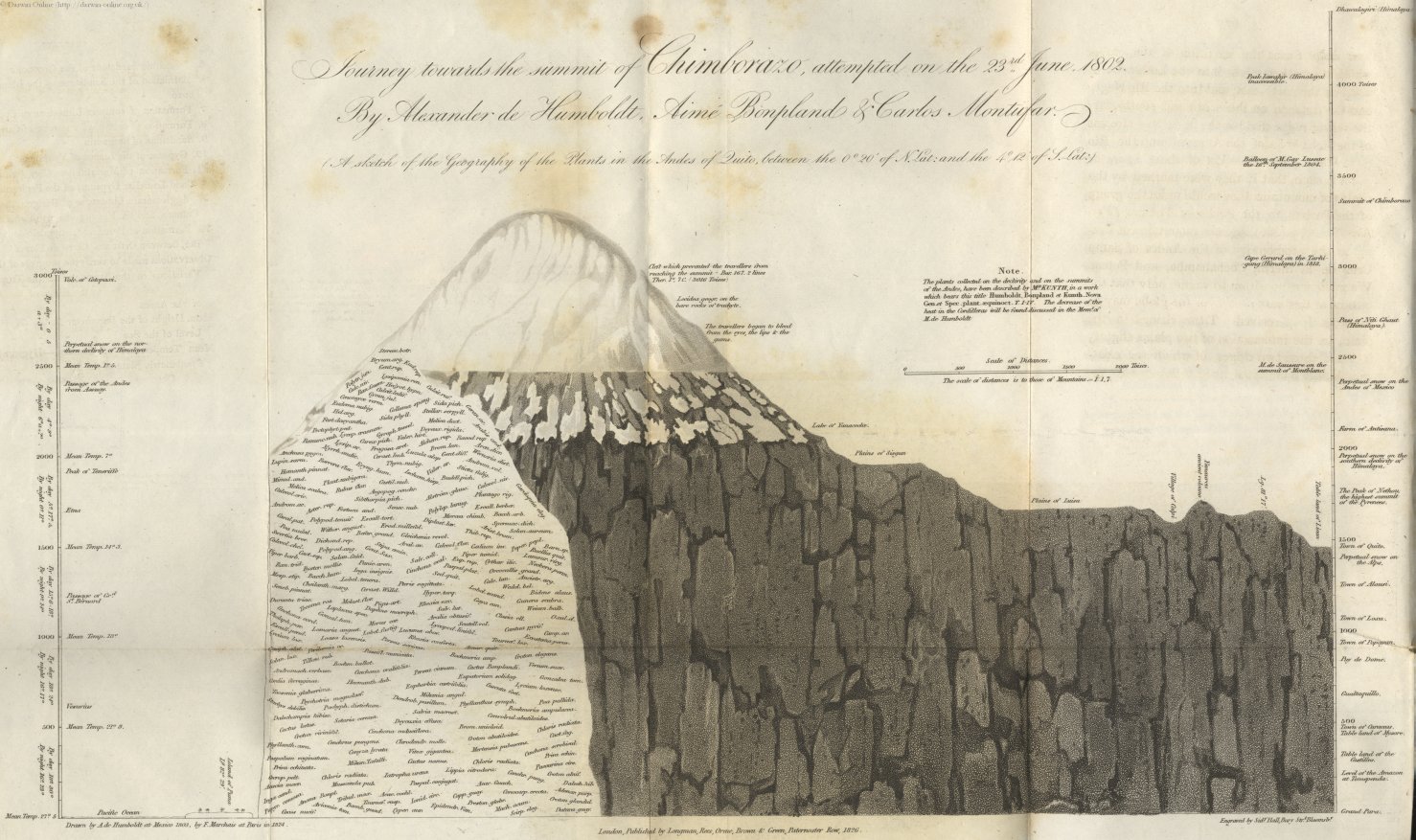 Иллюстрация Гумбольдта к его знаменитому восхождению на гору Чимборасо в Андах в 1802 году.