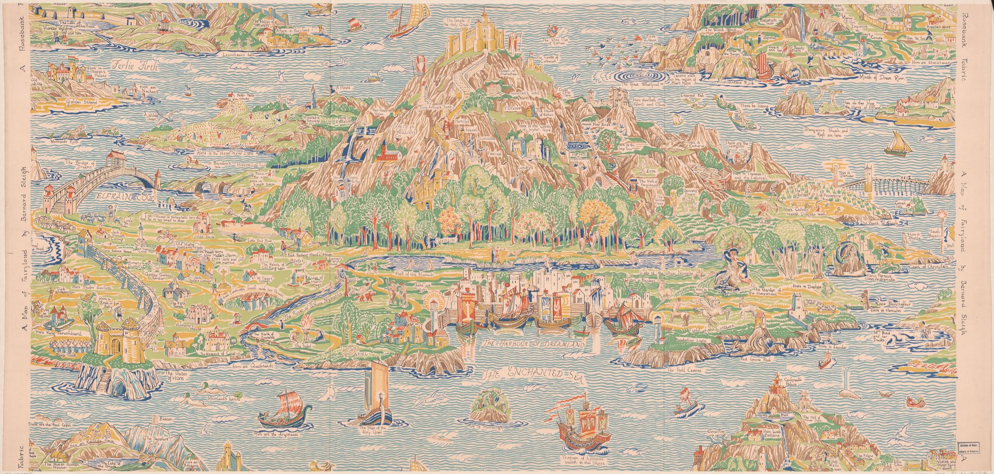A map of Fairyland by Bernard Sleigh. Cloth map. "A Rosebank fabric". England, 1920