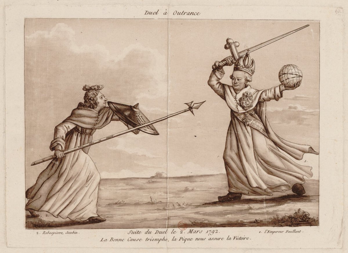 Карикатура, изображающая дуэль между Робеспьером и императором Священной Римской империи Леопольдом ІІ (2 марта 1792). После объявления войны со стороны Франции Леопольд неожиданно умер 1 марта 1792 года