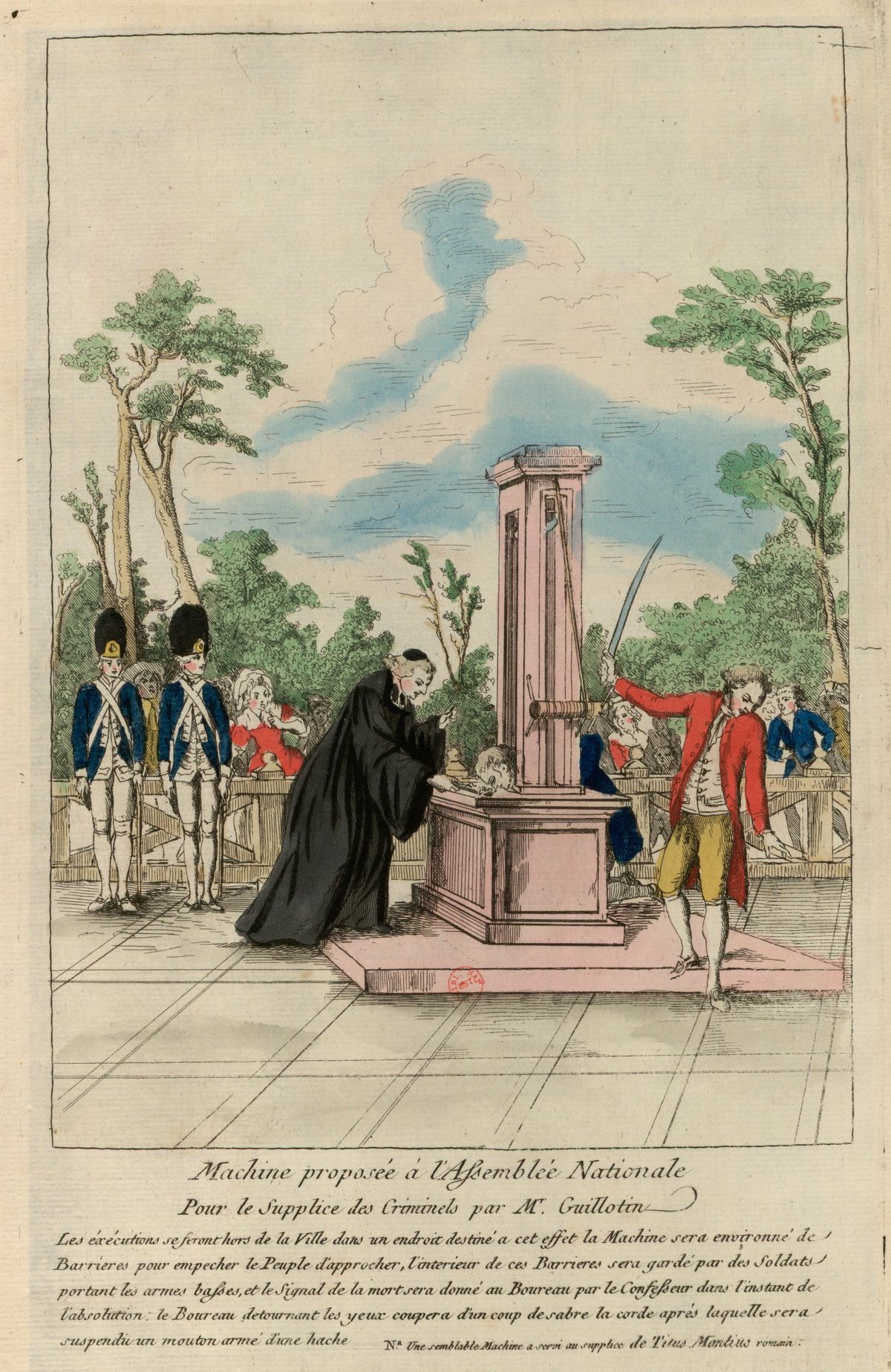 Жозеф Игнас Гильотен предлагает своё изобретение Национальному собранию для казни преступников (1791)