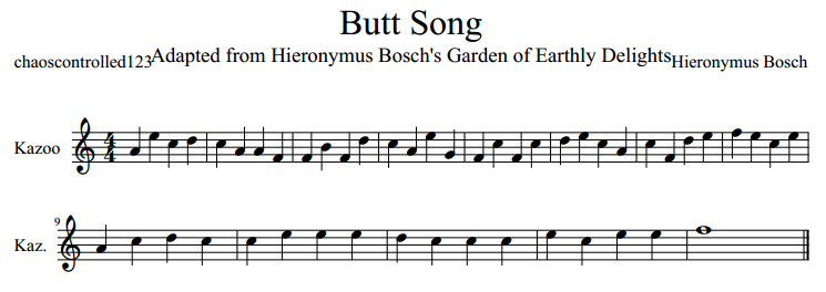 Расшифровка нот с ягодиц в соответствии с правилами современной музыкальной нотации, выполненная Амелией