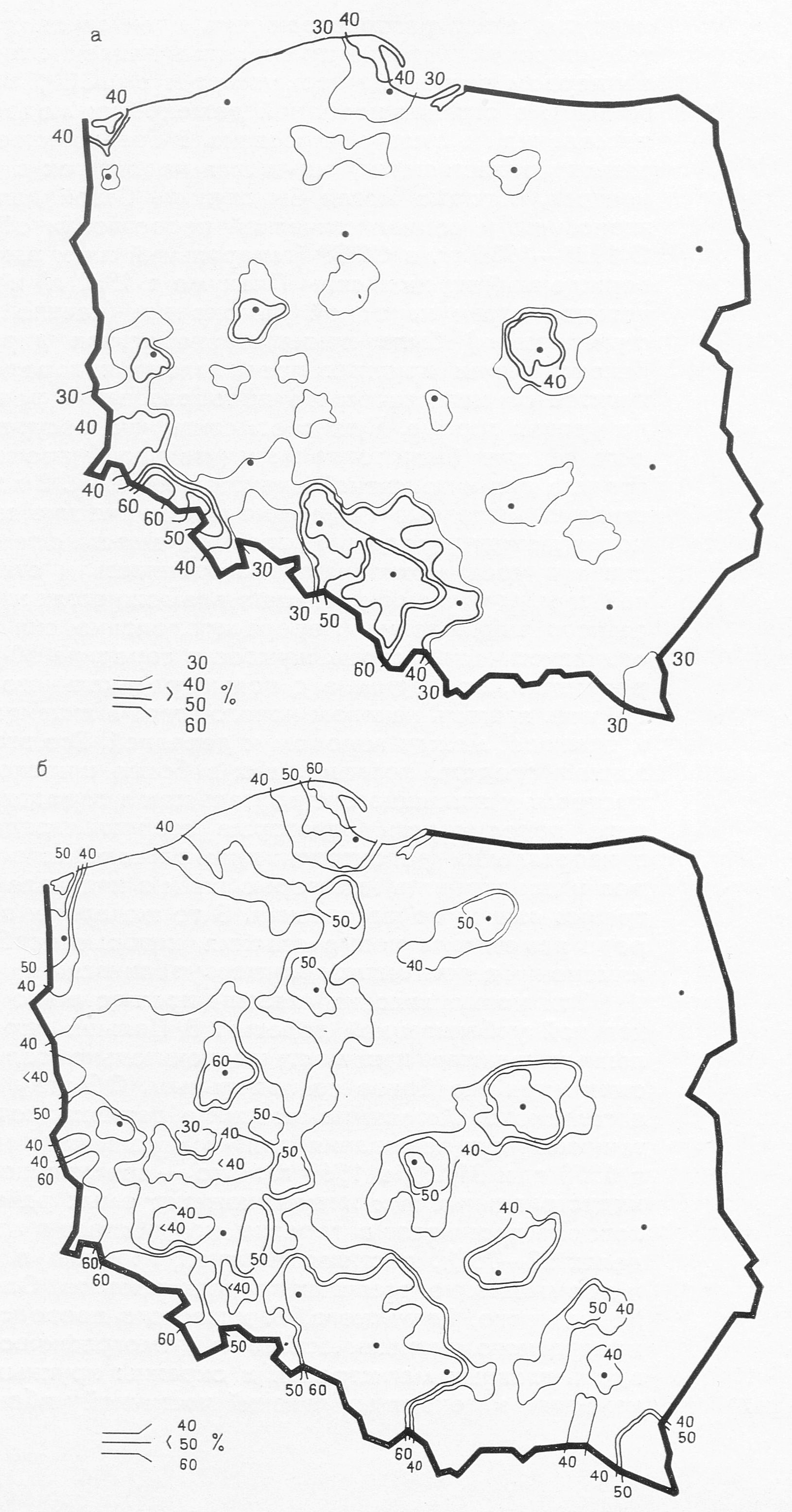 Размещение несельского населения в польской деревне в 1960 г. Изолинии соединяют сельские местности (зоны), где проживает 30—60% несельского населения
