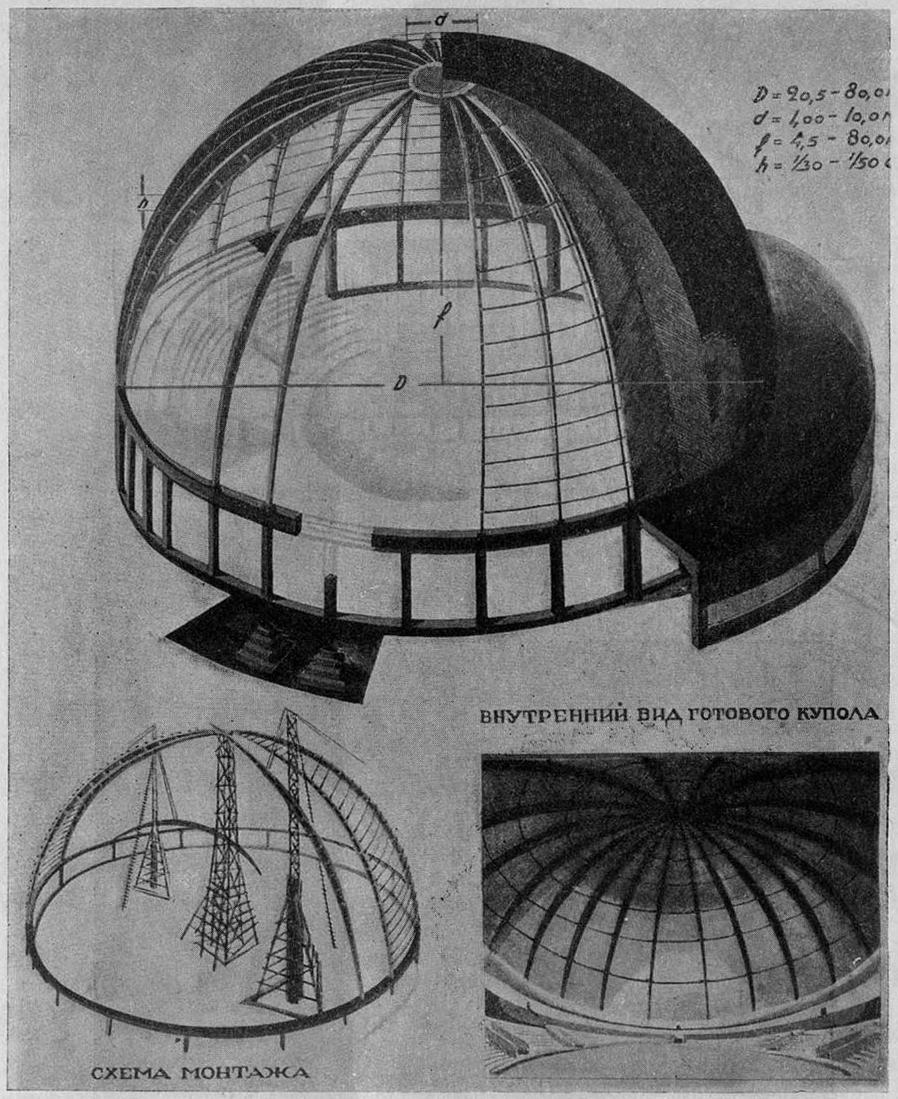 Рис. 37. Деревянный арочно-каркасный купол из серповидных элементов сплошного двутаврового сечения на гвоздях (1931—1932 гг.)